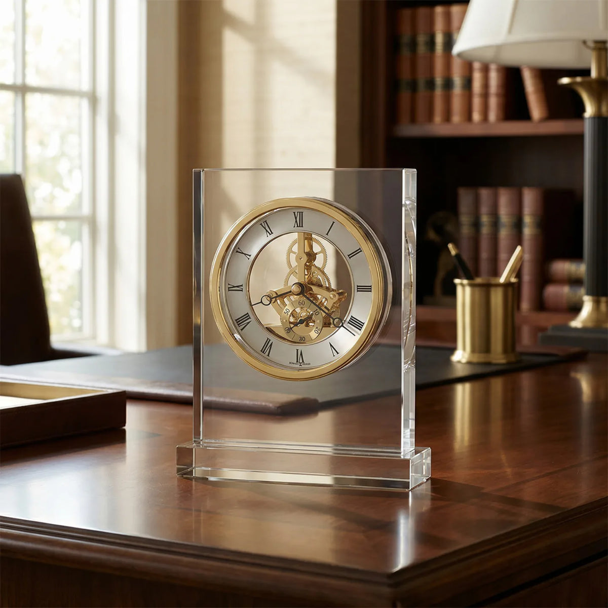 Howard Miller Prestige Tabletop Clock, 8-inch, on a shelf in a styled room
