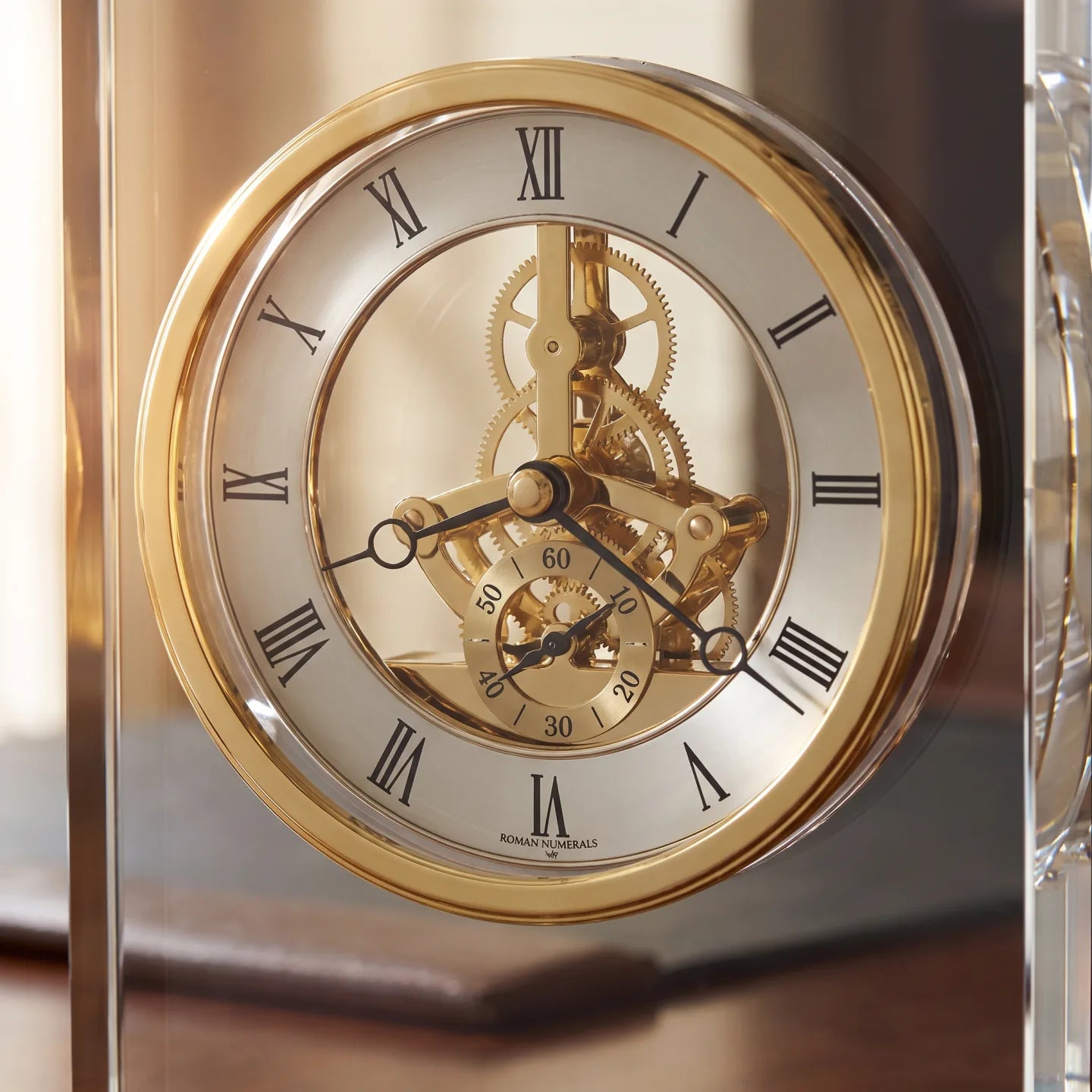 Howard Miller Prestige Tabletop Clock, close-up of the dial and finish detail