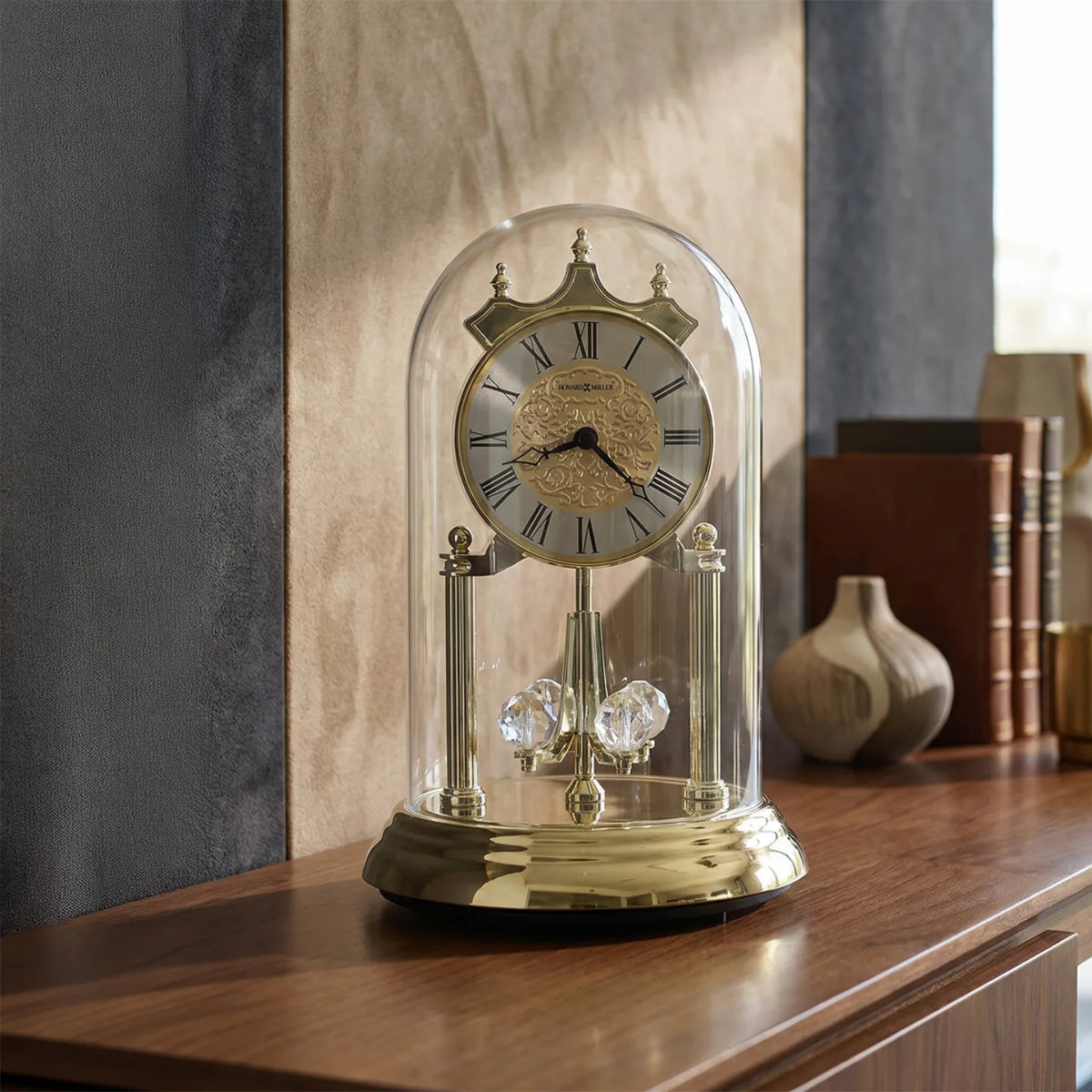 Howard Miller Christina Tabletop Clock, 9-inch, on a shelf in a styled room
