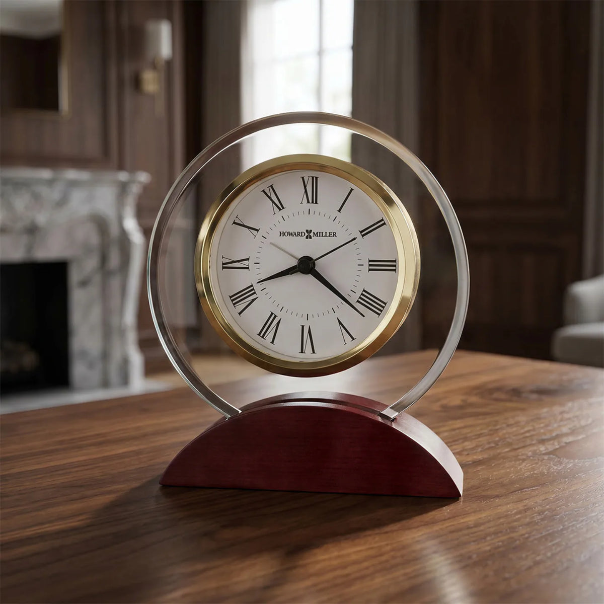 Howard Miller Dana Tabletop Clock, 6-inch, on a shelf in a styled room