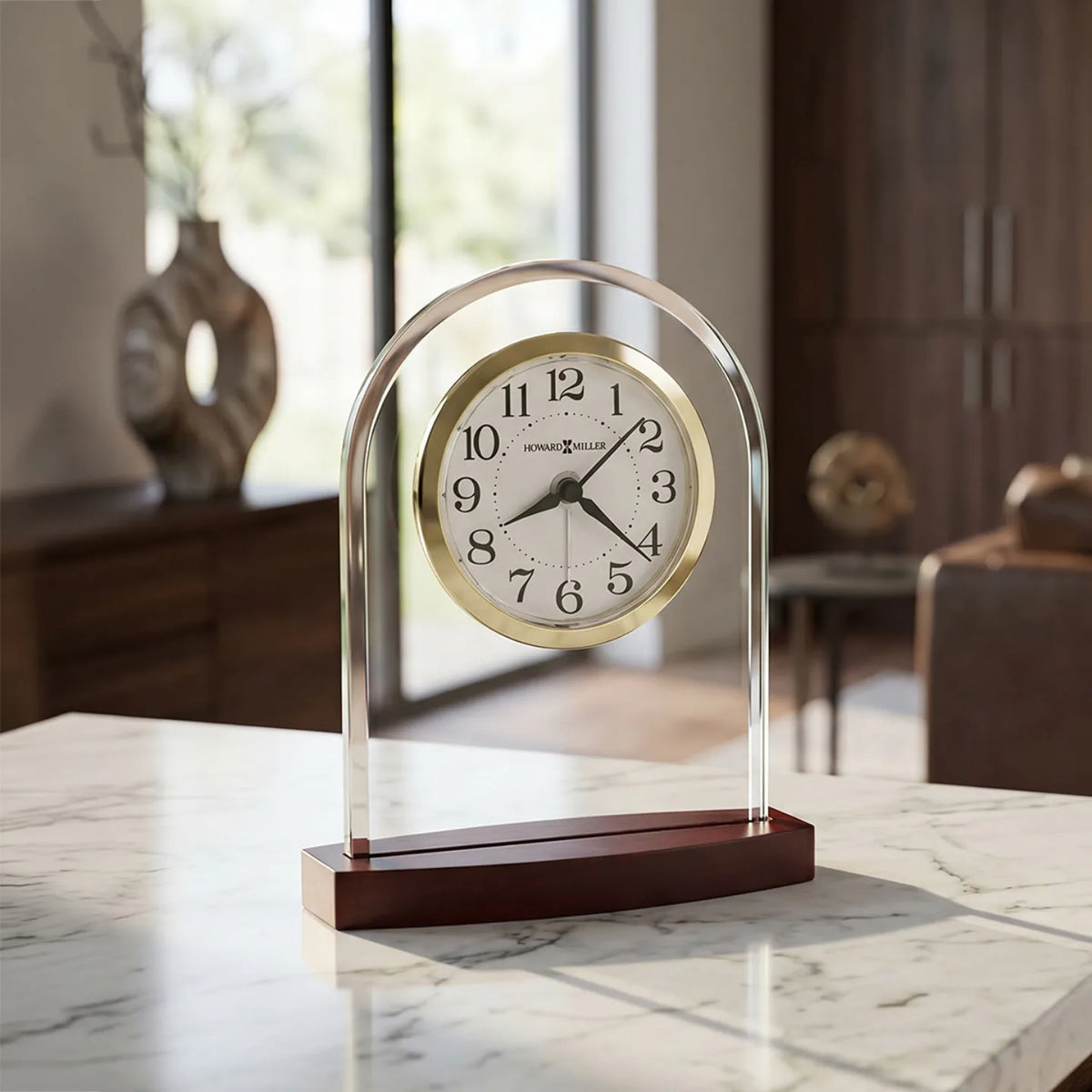 Howard Miller Hansen Tabletop Clock, 5-inch, on a shelf in a styled room