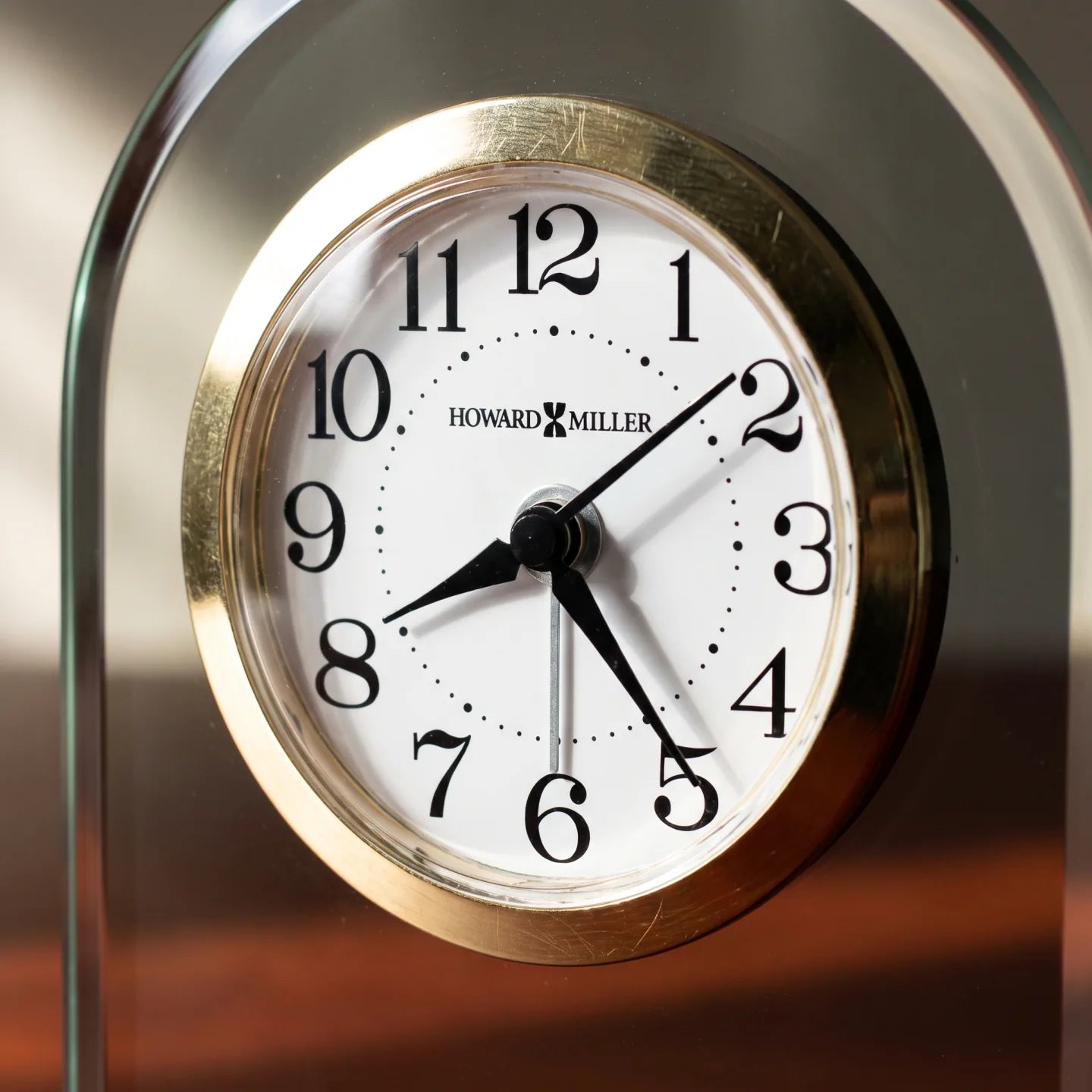 Howard Miller Hansen Tabletop Clock, close-up of the dial and finish detail