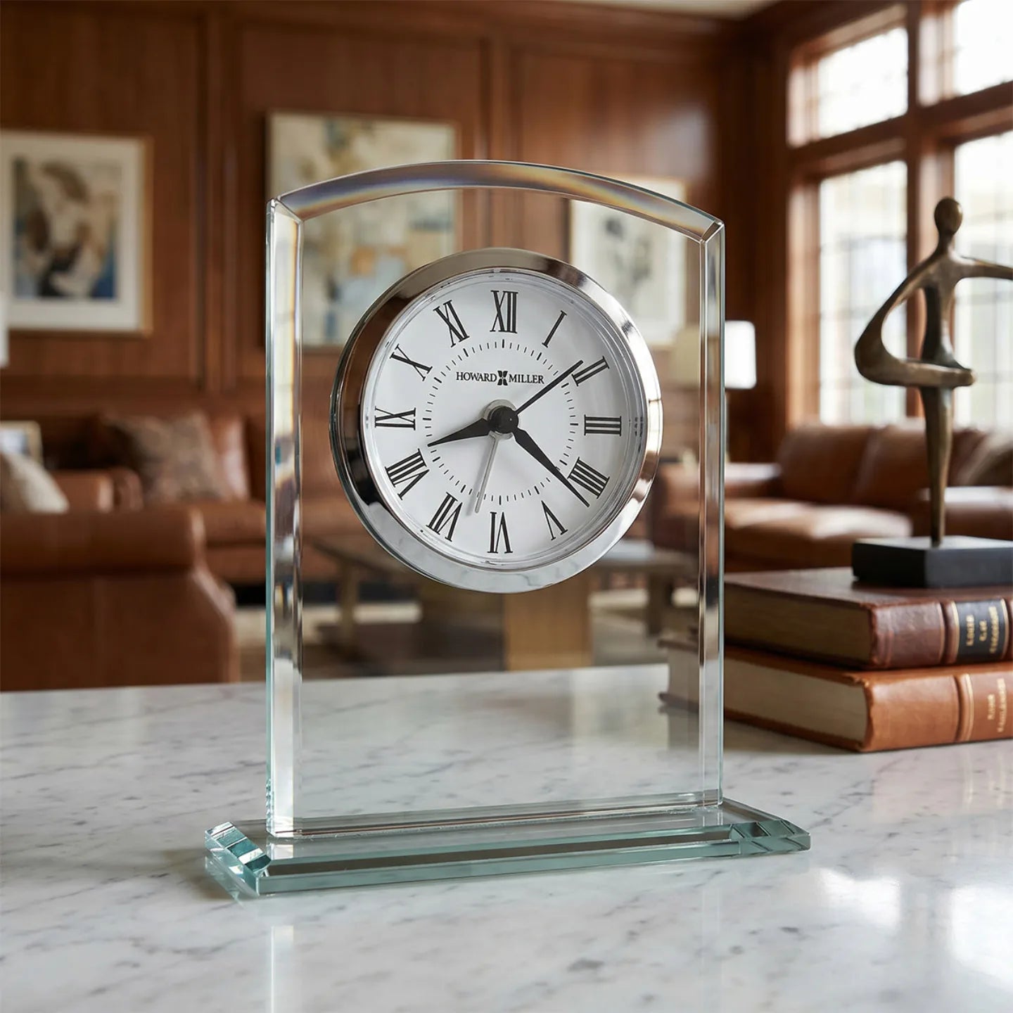 Howard Miller Medina Tabletop Clock, 5-inch, on a shelf in a styled room