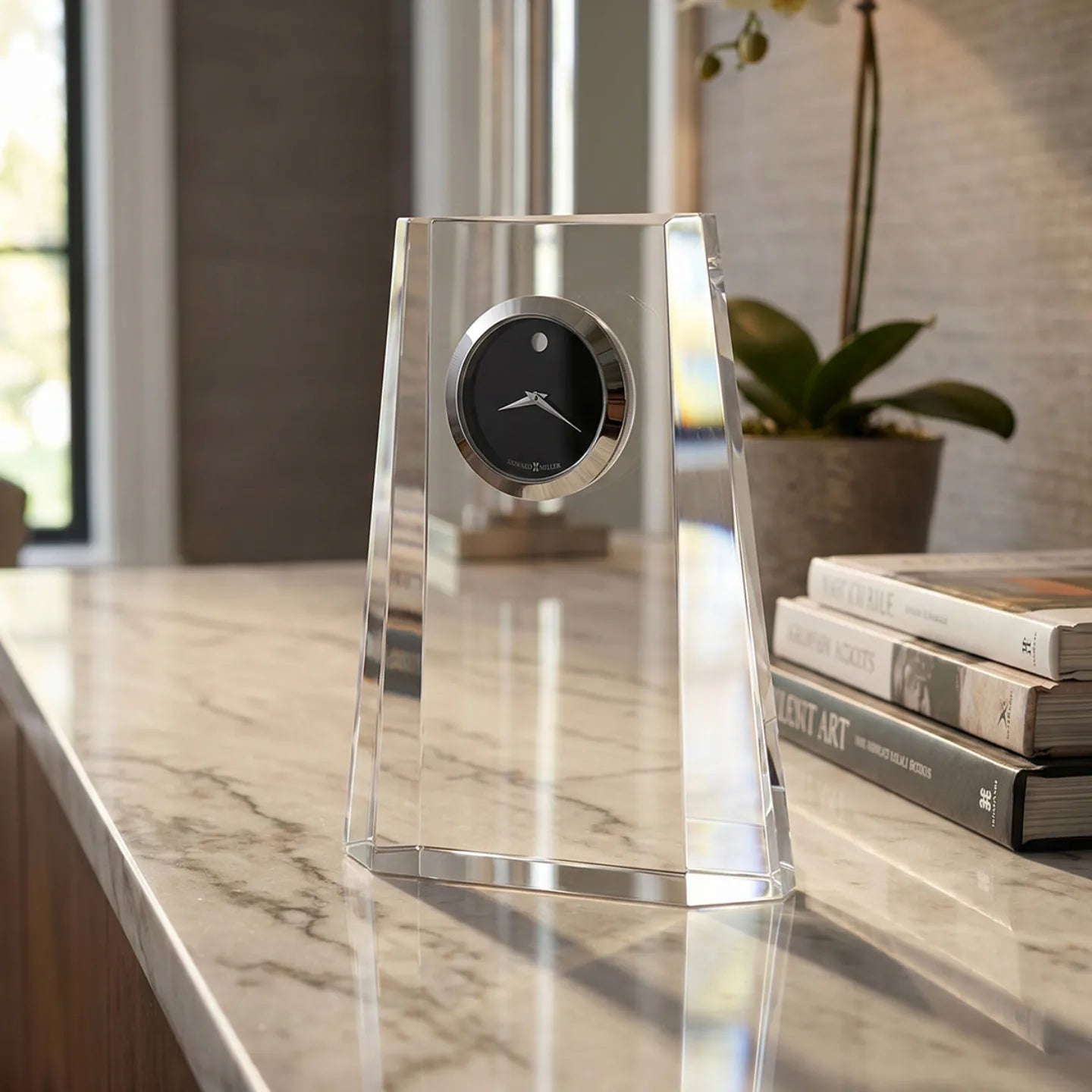 Howard Miller Paragon Tabletop Clock, 5-inch, on a shelf in a styled room