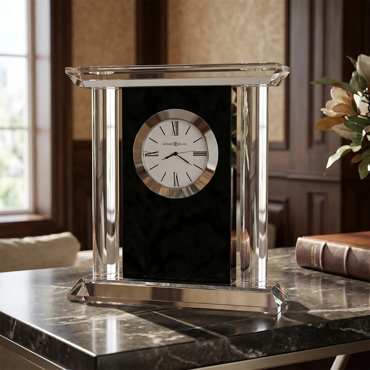 Howard Miller Colonnade Tabletop Clock, 7-inch, on a shelf in a styled room