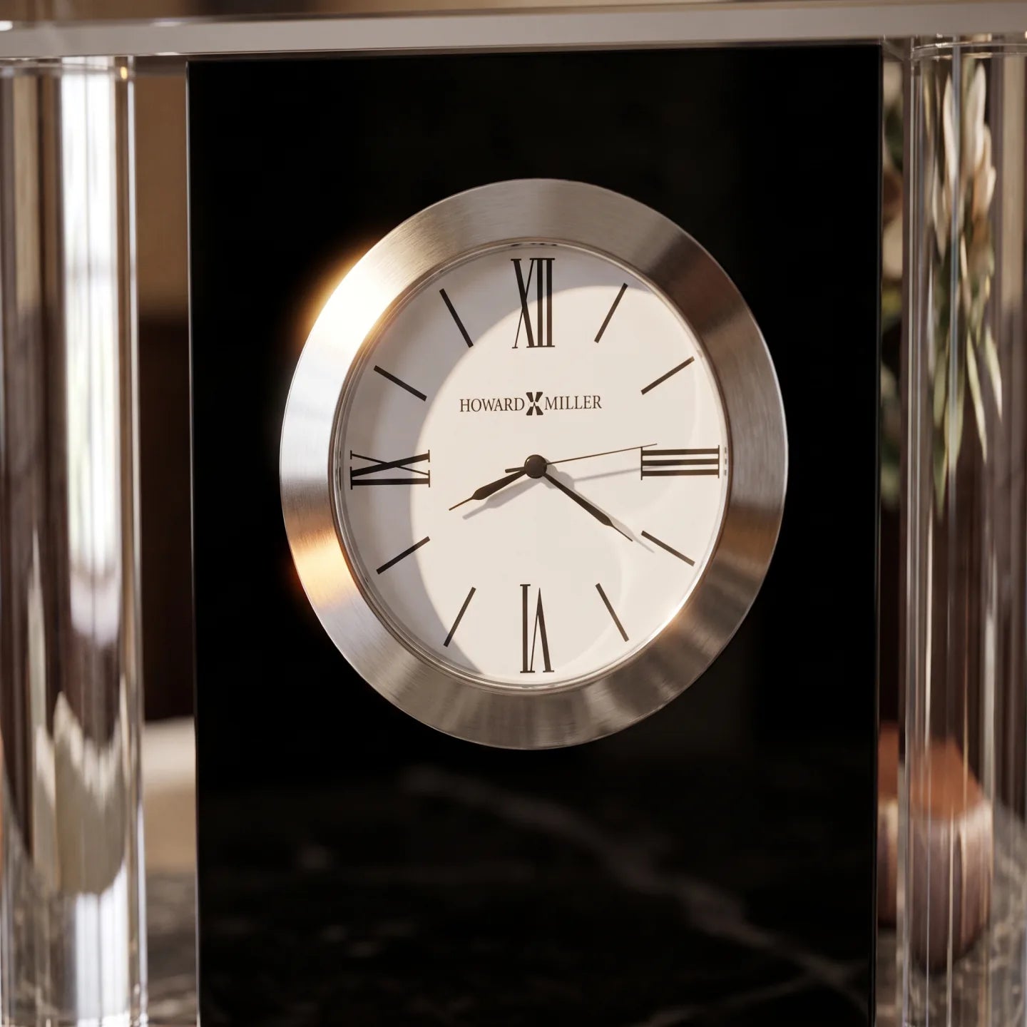 Howard Miller Colonnade Tabletop Clock, close-up of the dial and finish detail