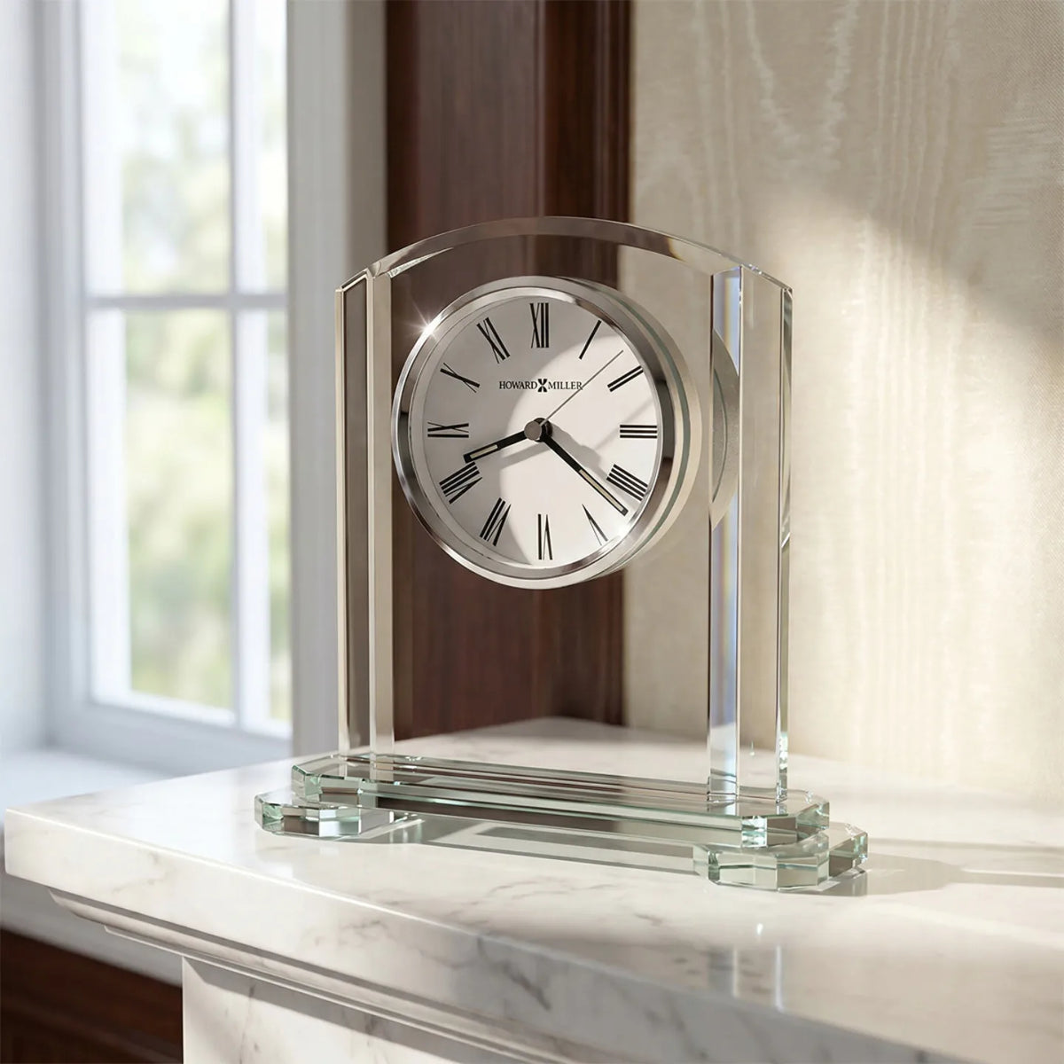 Howard Miller Stratus Tabletop Clock, 8-inch, on a shelf in a styled room