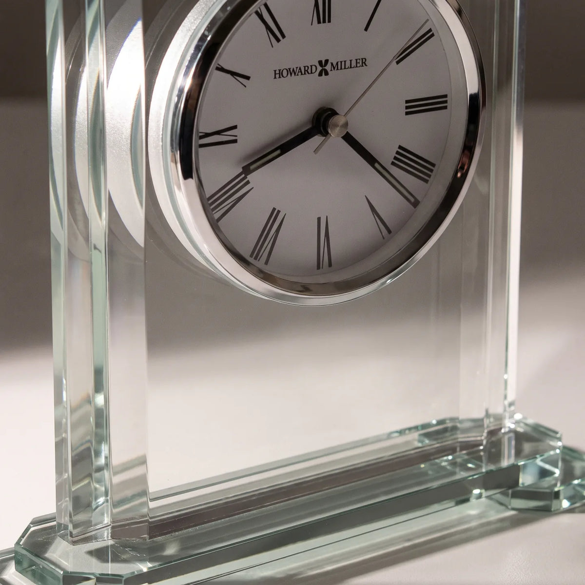 Howard Miller Stratus Tabletop Clock, close-up of the dial and finish detail