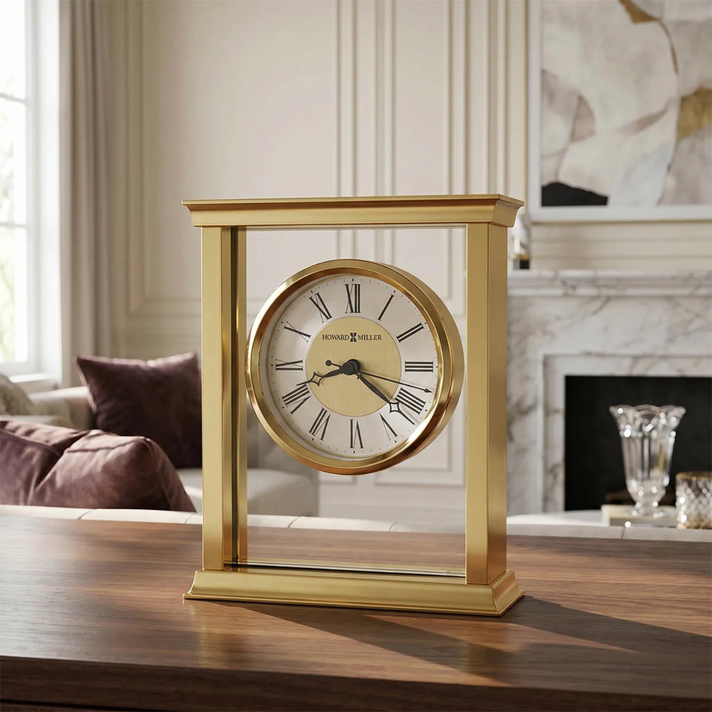 Howard Miller Monticello Tabletop Clock, 7-inch, on a shelf in a styled room
