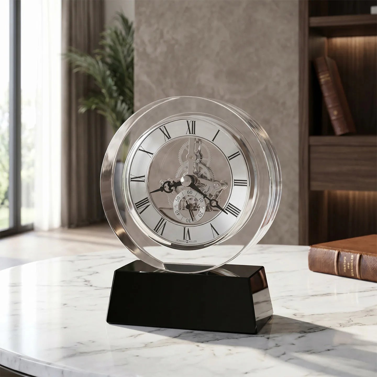Howard Miller Fusion Tabletop Clock, 6-inch, on a shelf in a styled room
