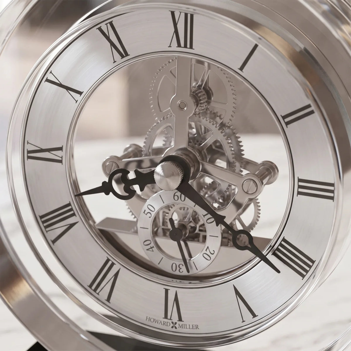 Howard Miller Fusion Tabletop Clock, close-up of the dial and finish detail