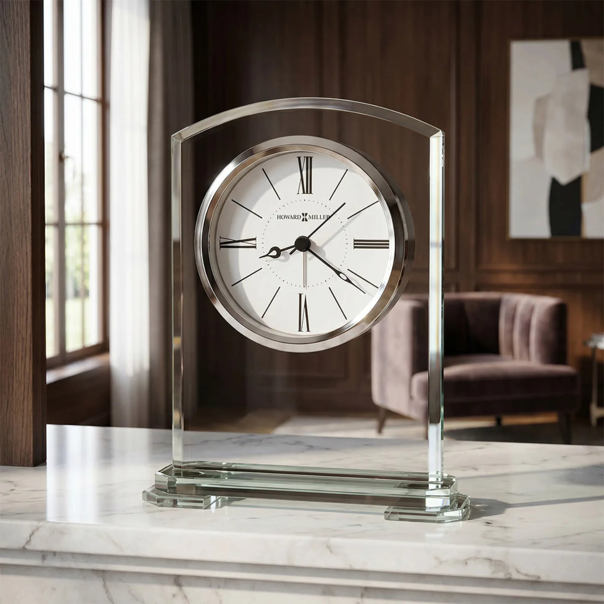 Howard Miller Corsica Tabletop Clock, 7-inch, on a shelf in a styled room