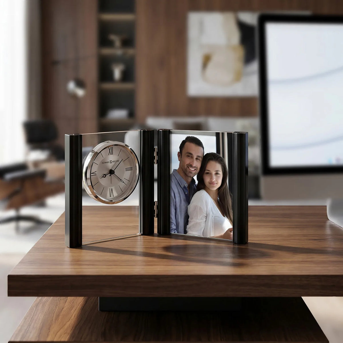 Howard Miller Donovan Tabletop Clock, 6-inch, on a shelf in a styled room