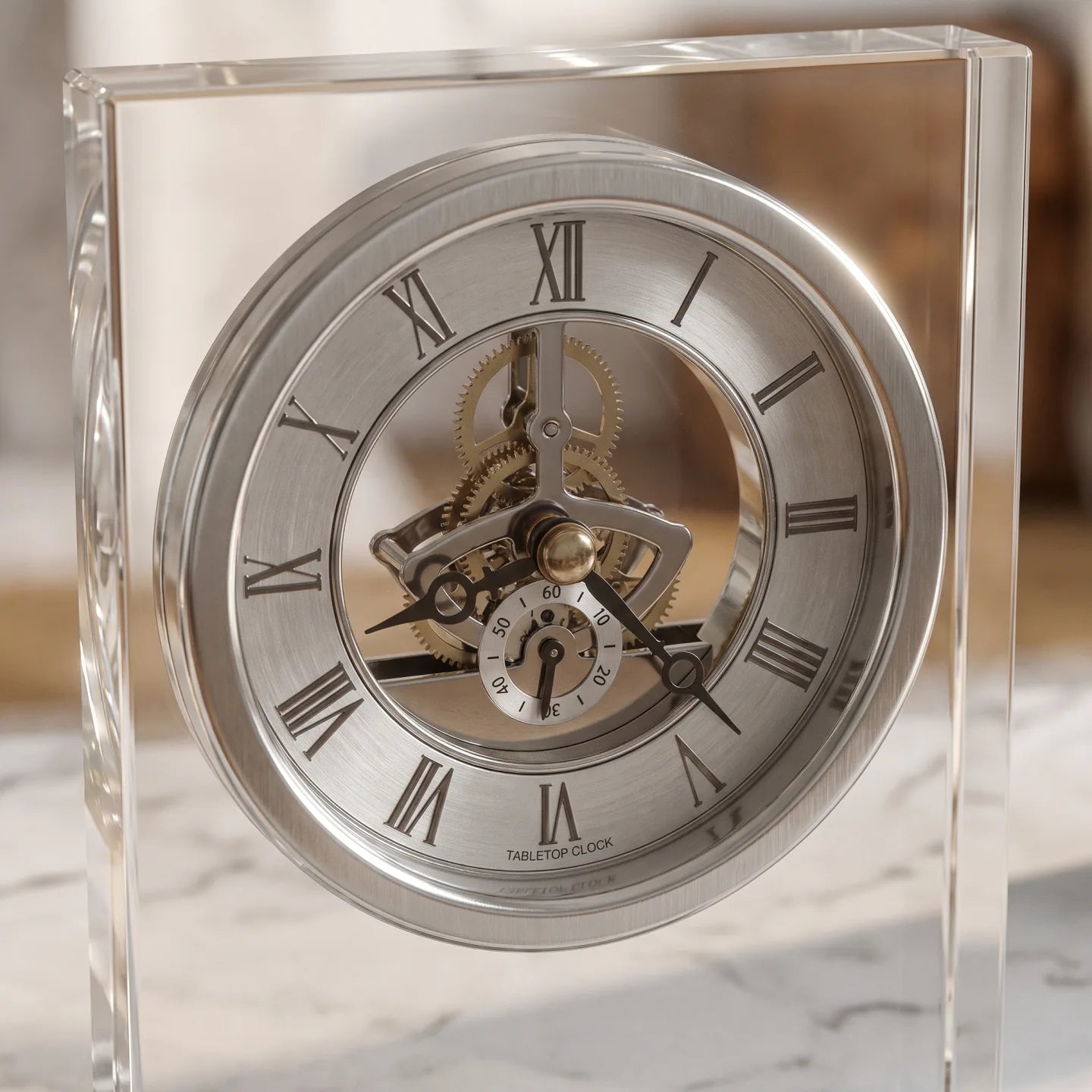 Howard Miller Brighton Tabletop Clock, close-up of the dial and finish detail