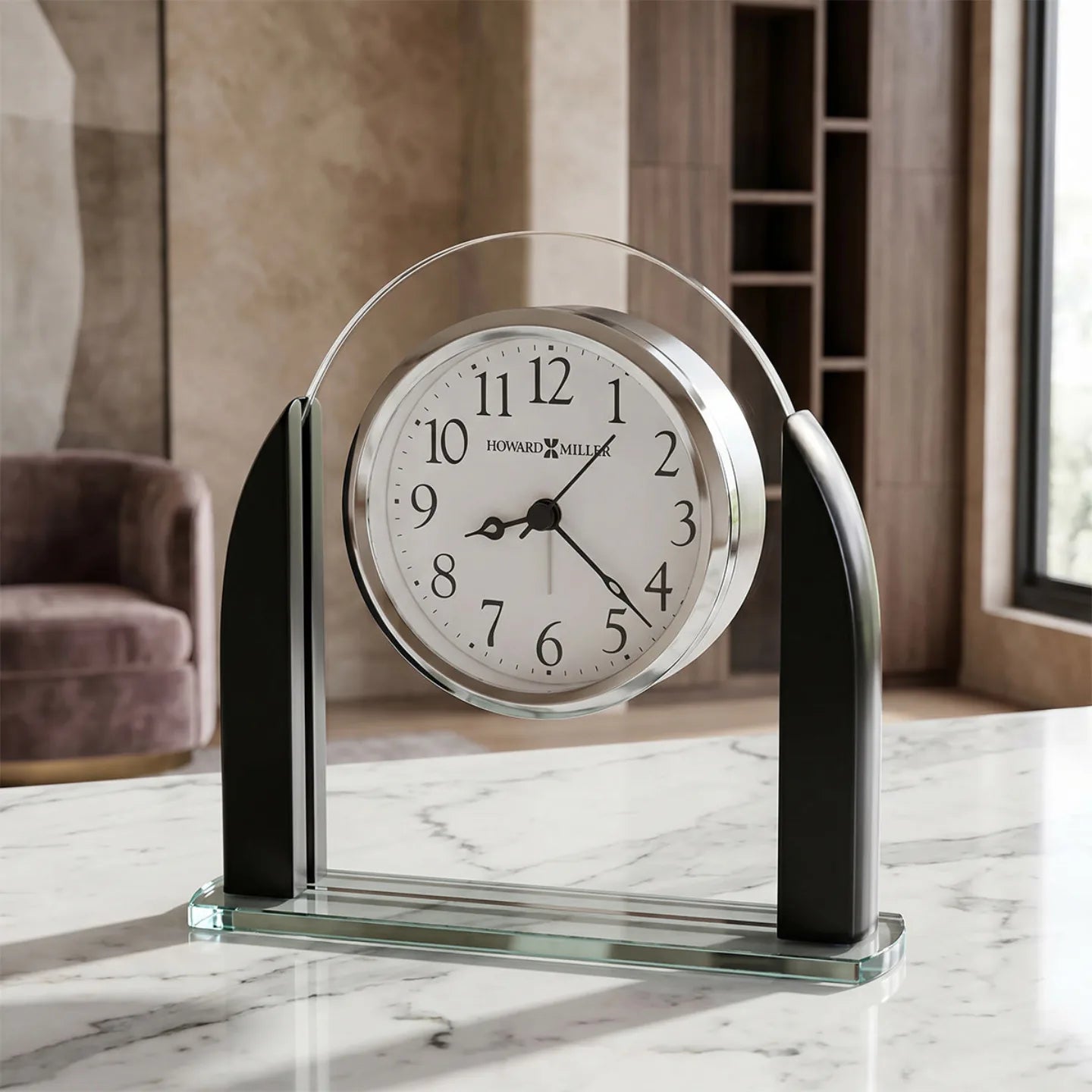 Howard Miller Aden Tabletop Clock, 6-inch, on a shelf in a styled room