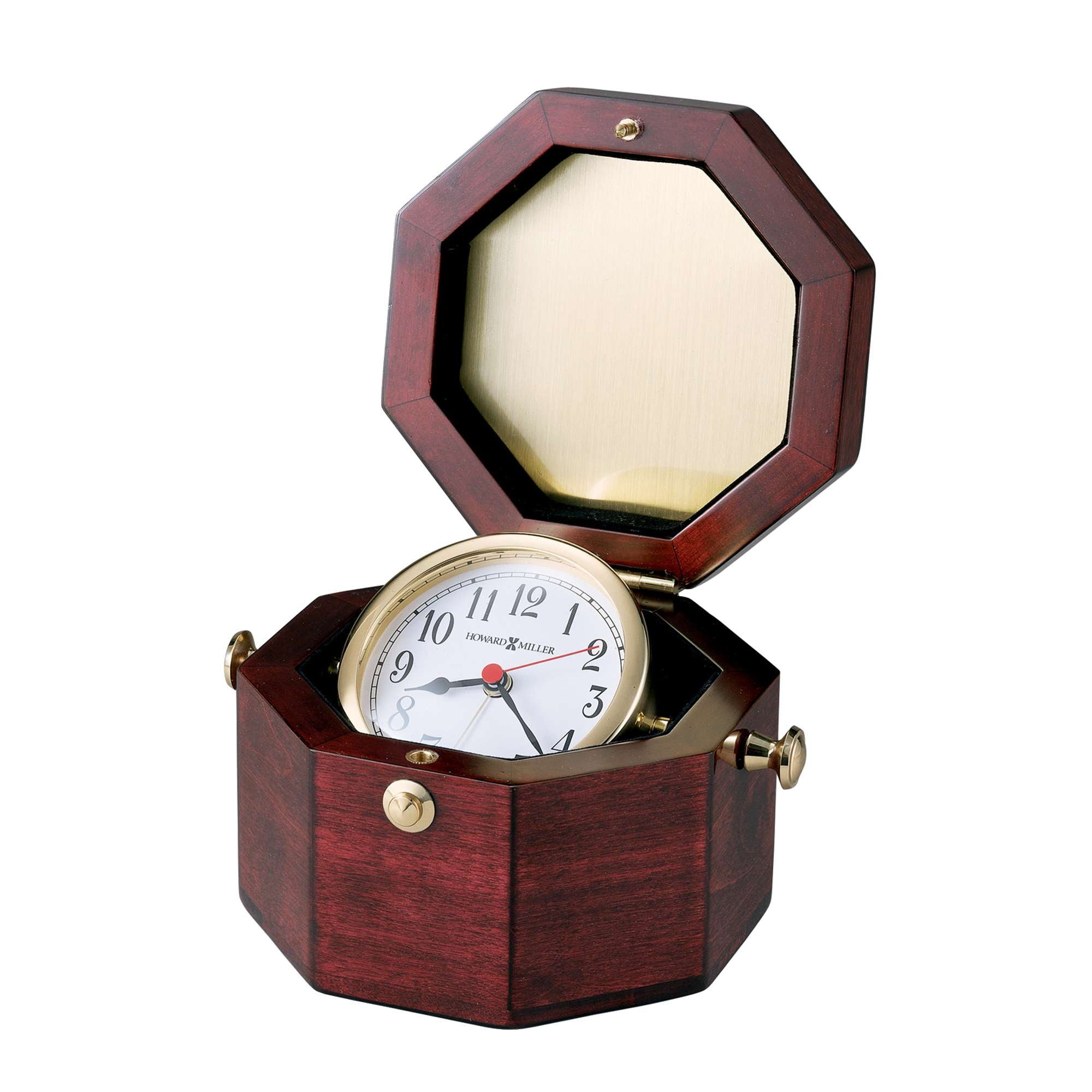 Open wooden octagonal clock box with a white clock face