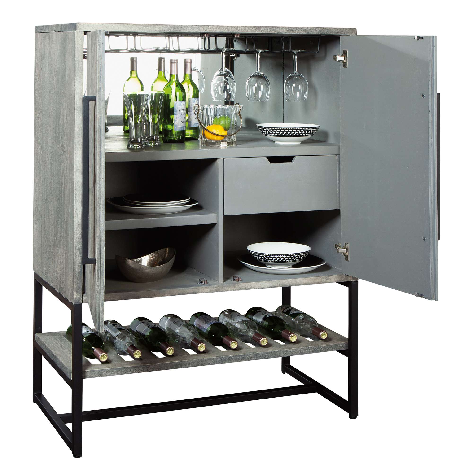 Modern cabinet with wine storage, featuring bottles, glasses, and dishware.