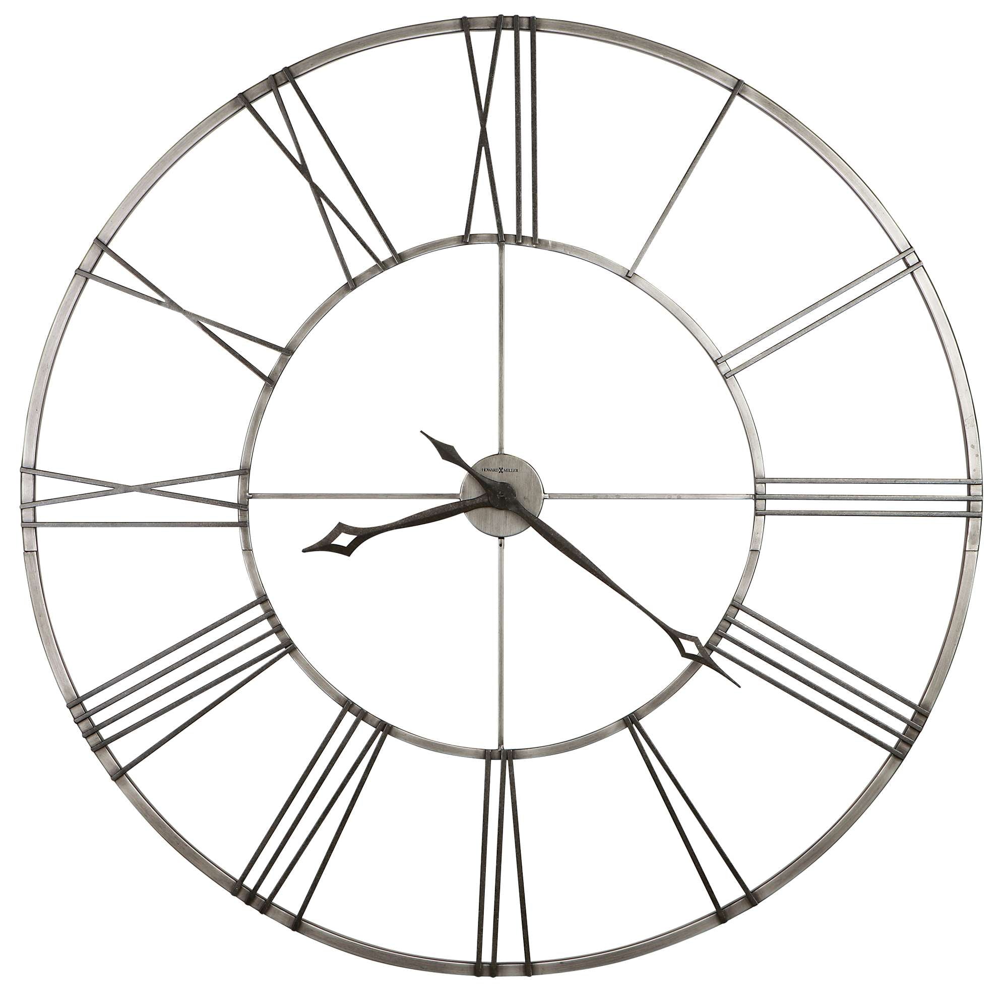 A large round wall clock with Roman numerals and metal hands.