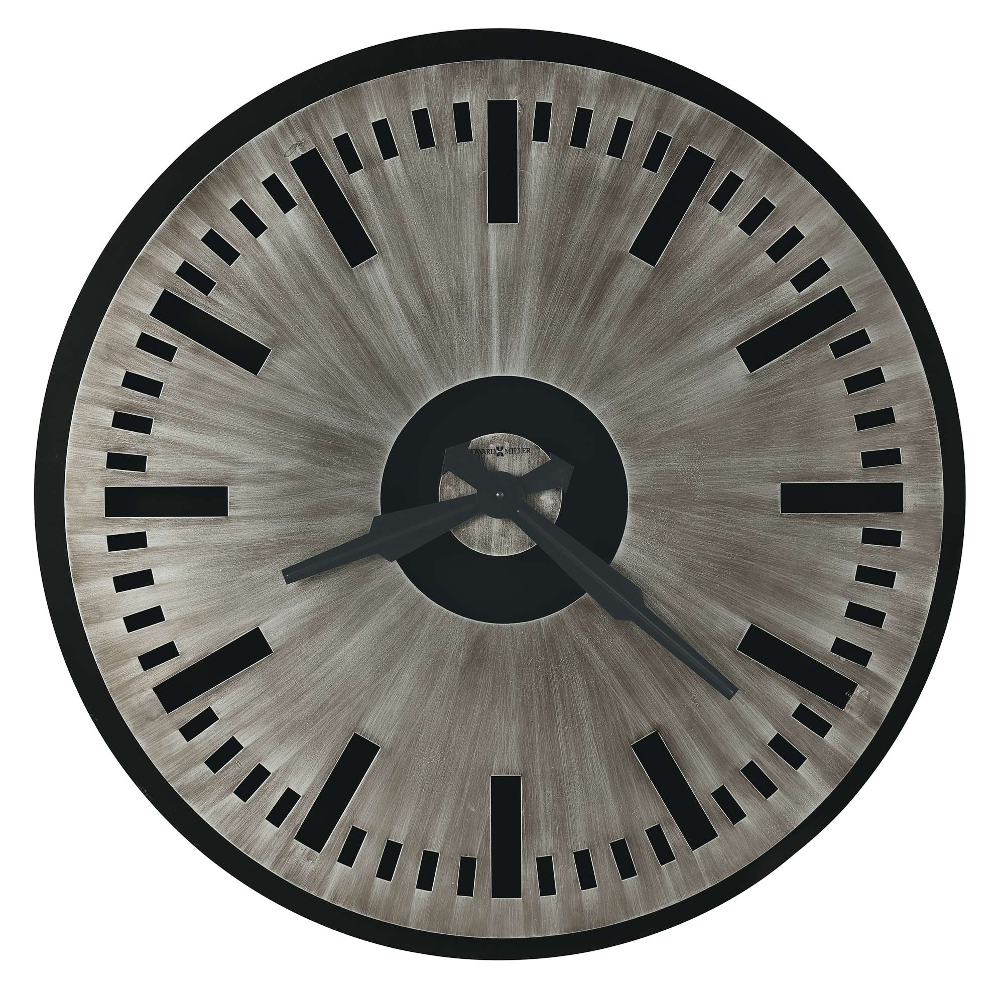 Round wall clock with a metallic finish and black hour markers