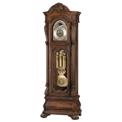 Antique wooden grandfather clock with ornate detailing