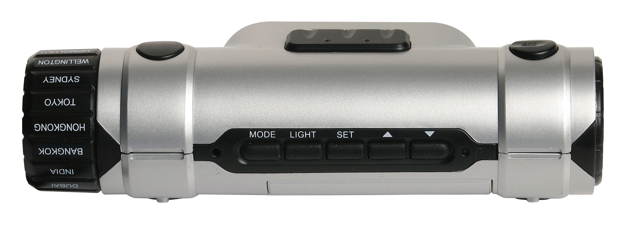 A silver portable radio with buttons and dials