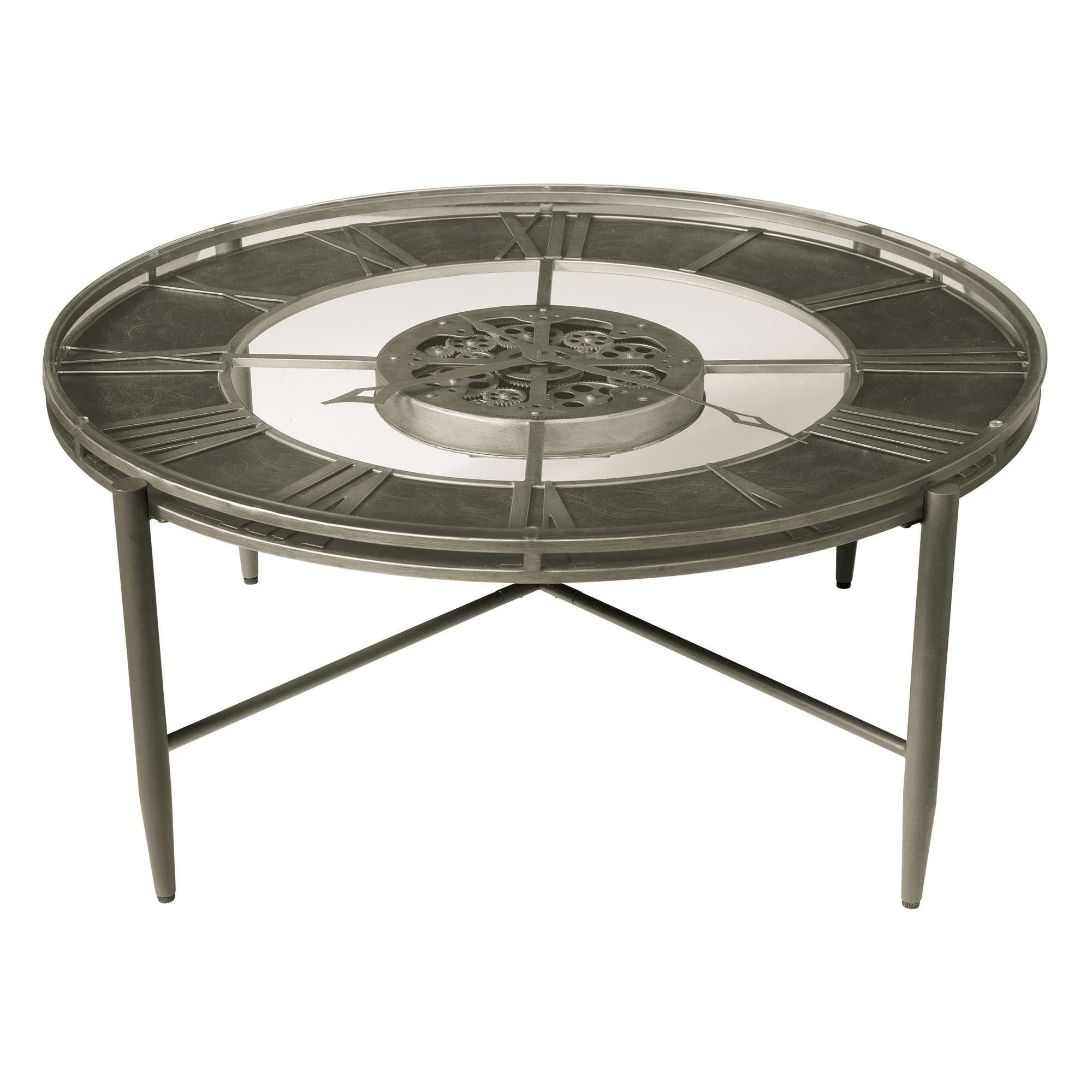 Stylish round coffee table with a metal frame and intricate design.