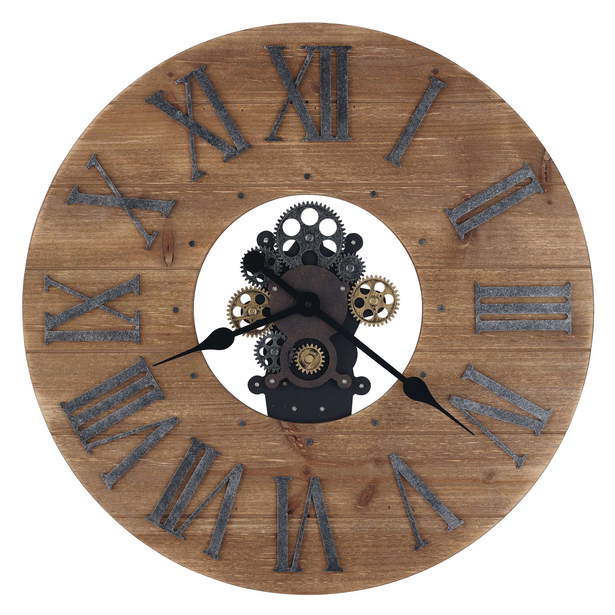 A rustic wooden wall clock with Roman numerals and visible gears.
