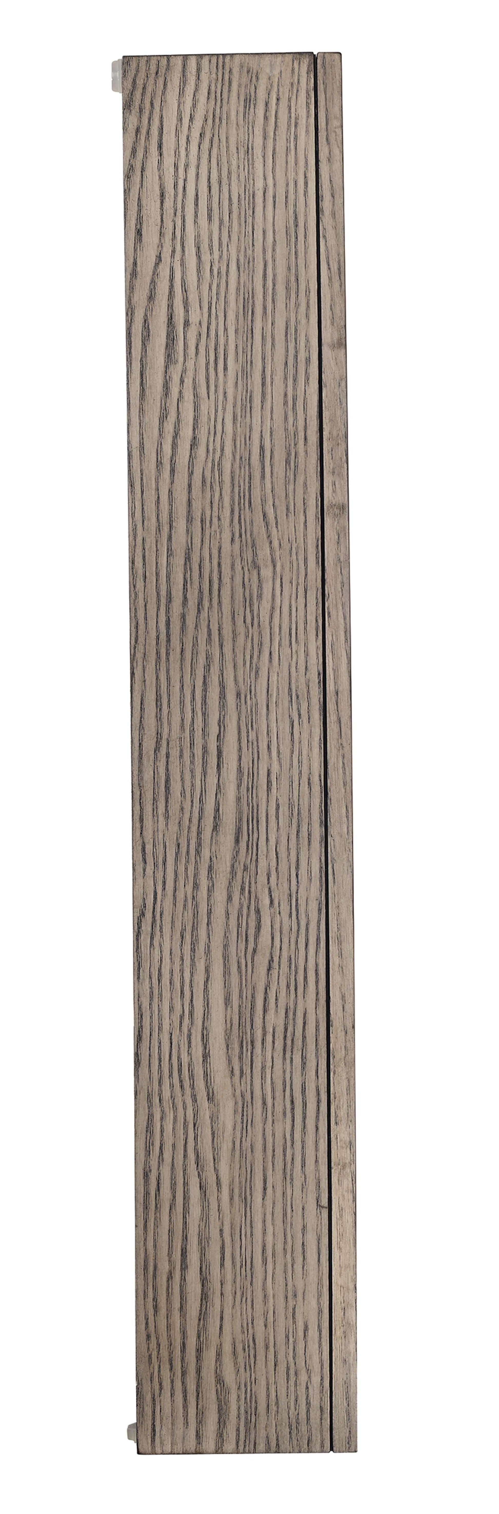 Vertical wooden plank with a gray finish and a textured grain pattern.