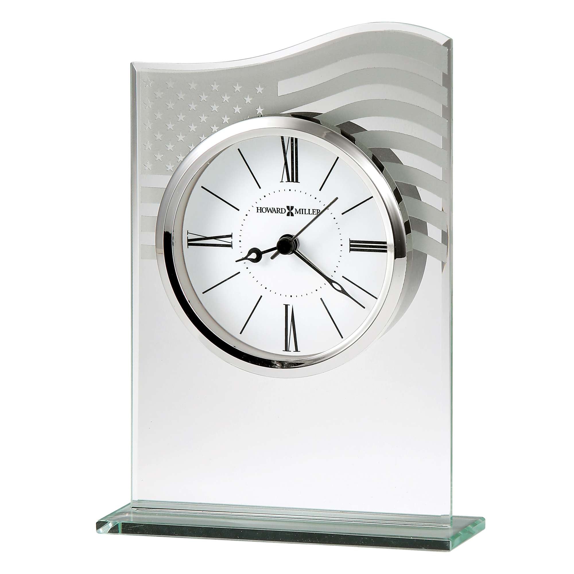 A glass clock with a silver frame and an American flag design.