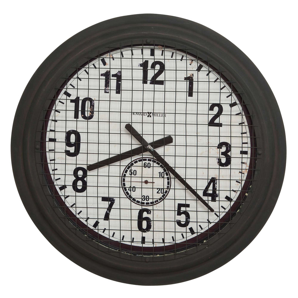 Round wall clock with grid pattern and black frame
