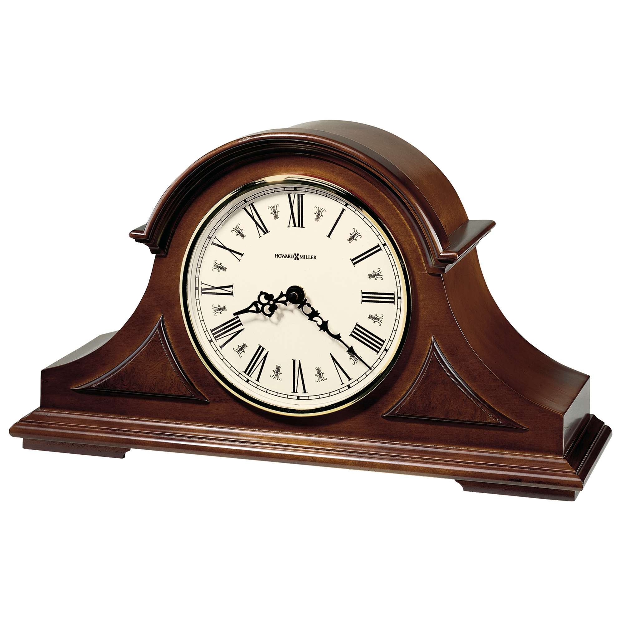 Traditional wooden mantel clock with Roman numerals.