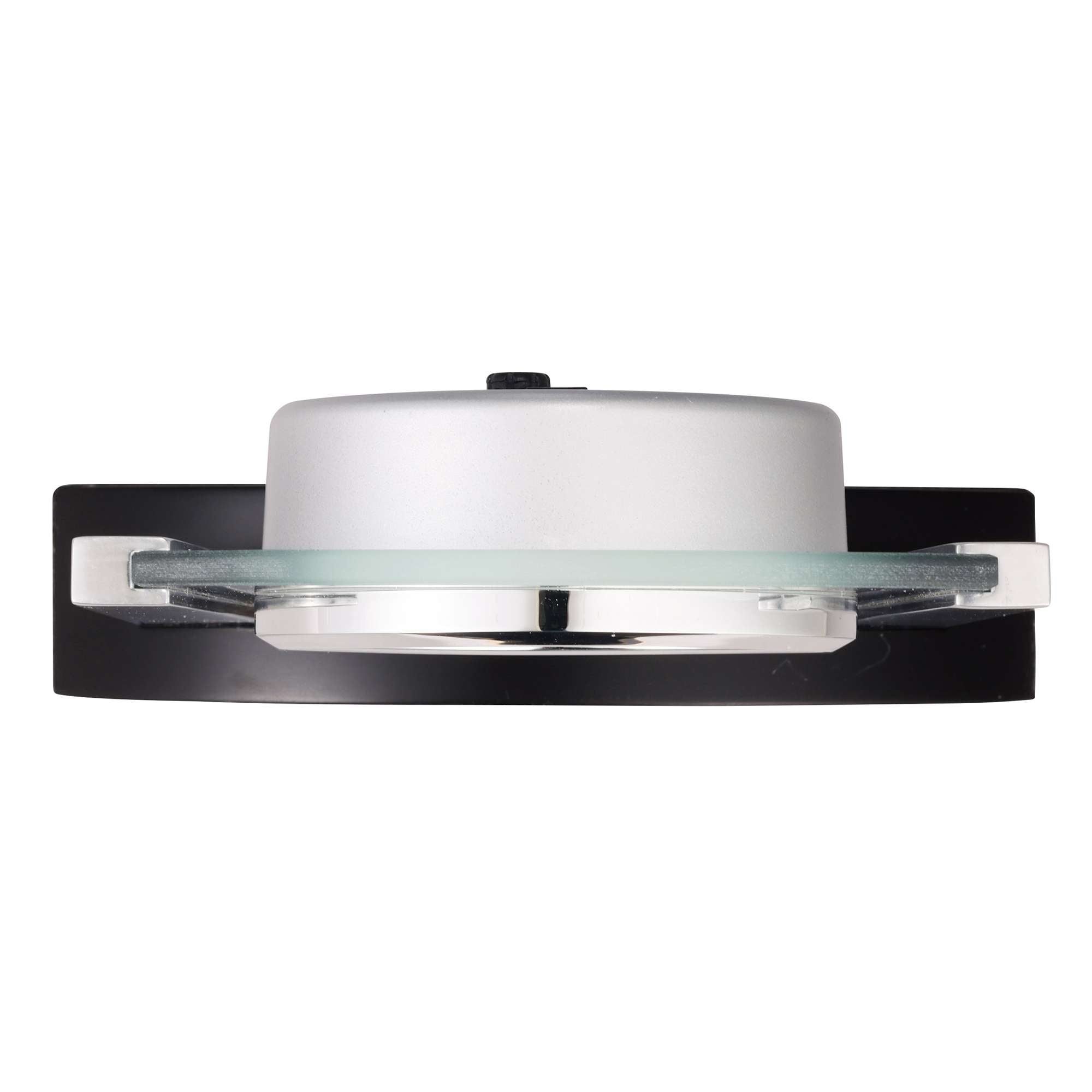 Modern ceiling light fixture with a circular glass shade and a sleek black base.