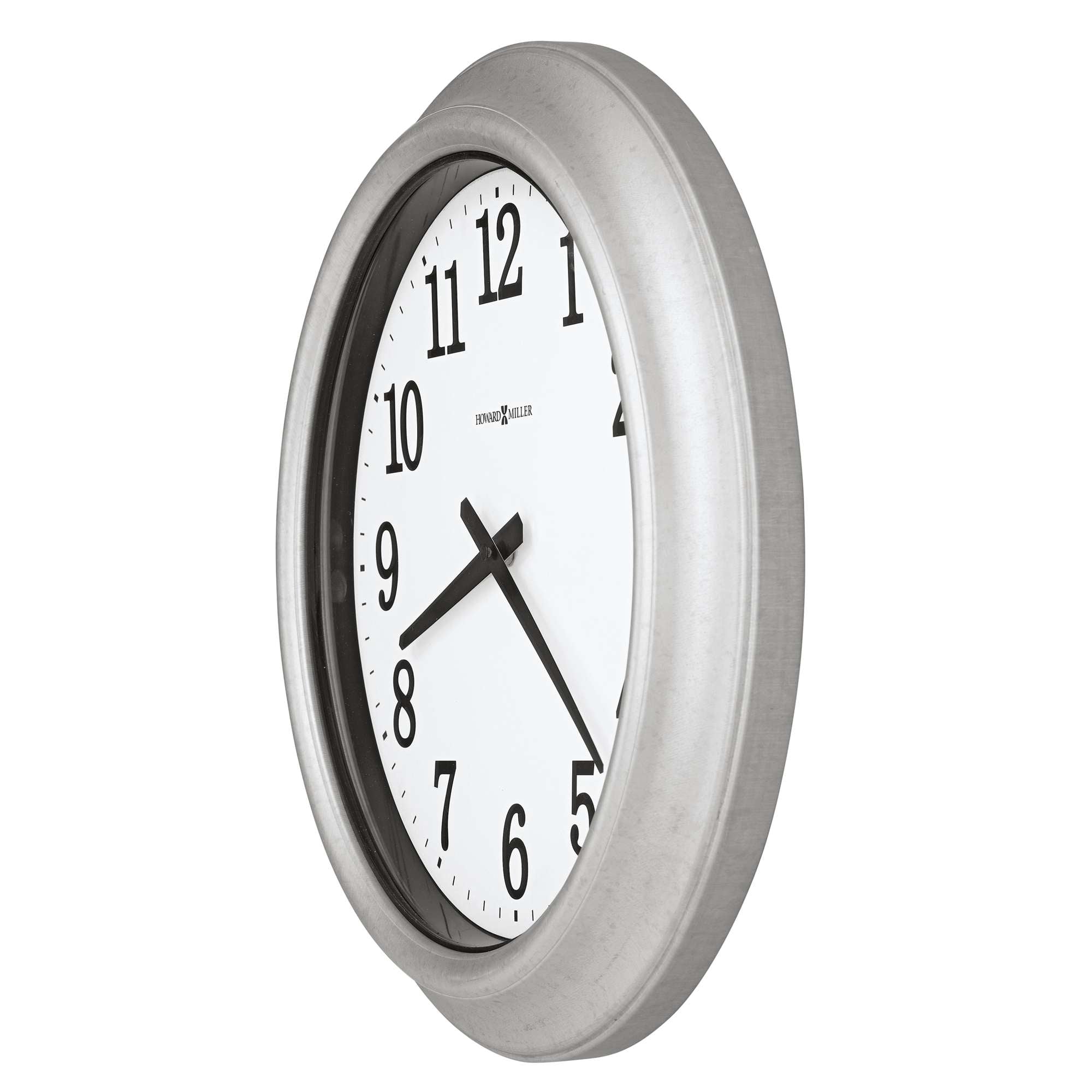 A round wall clock with a silver frame and black hands.