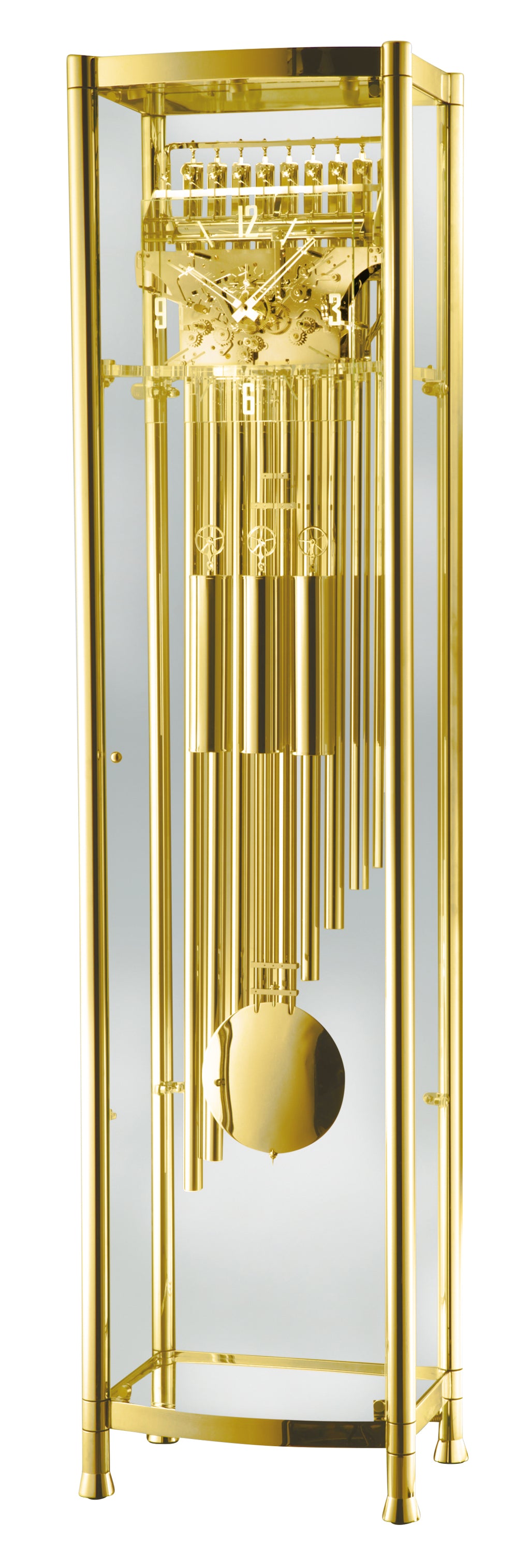 A tall, elegant gold clock with chimes and a mirrored surface.
