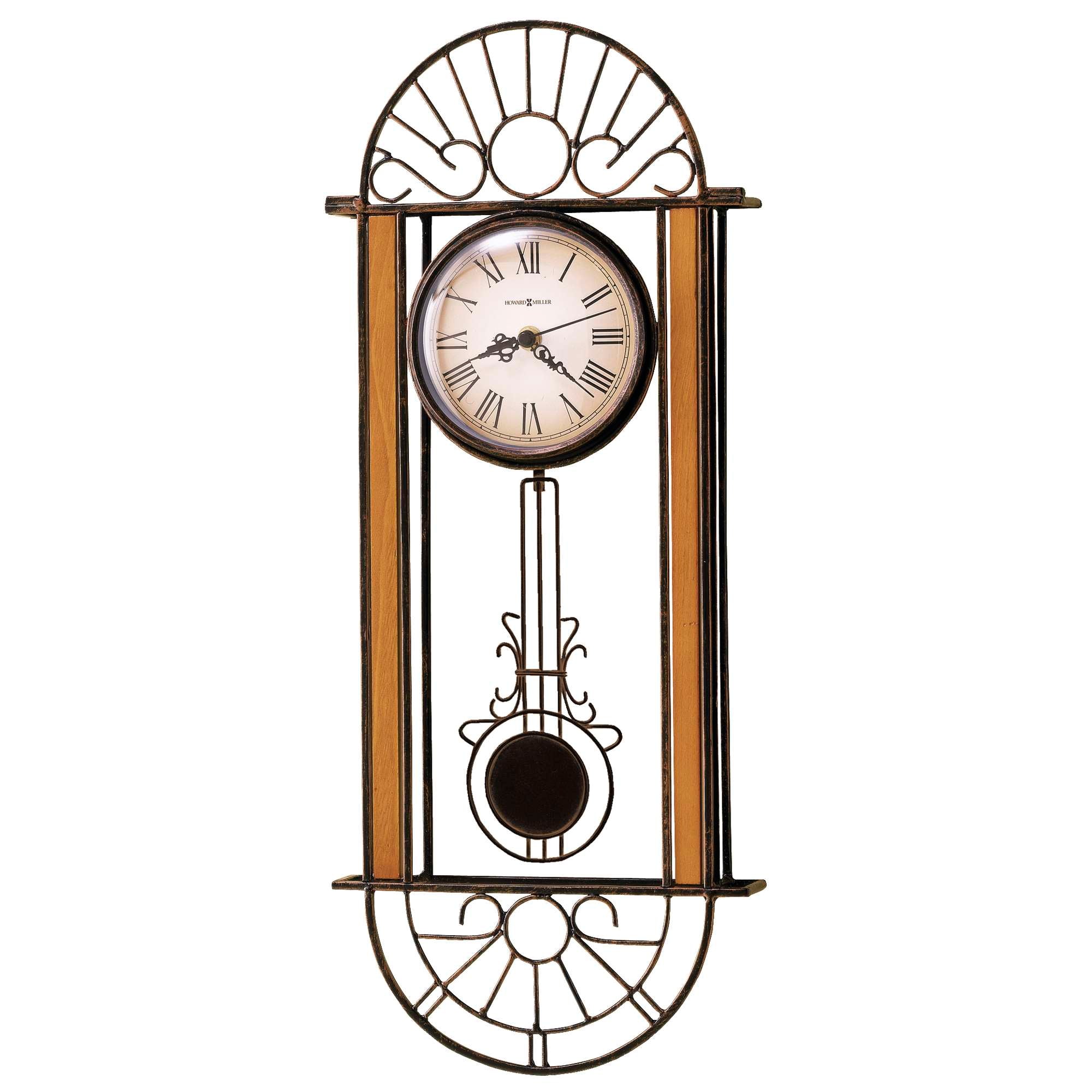 Wall clock with a decorative metal frame and pendulum.
