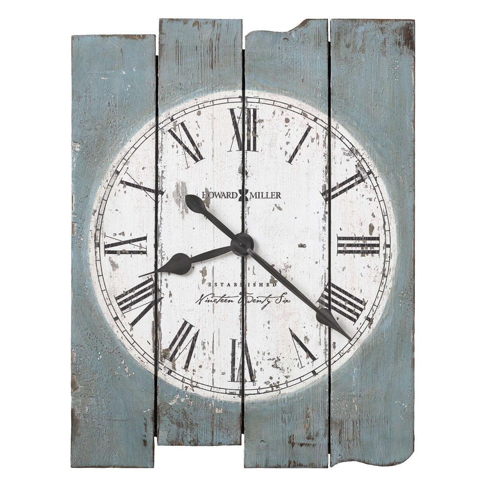 Rustic wooden wall clock with Roman numerals on a weathered blue background