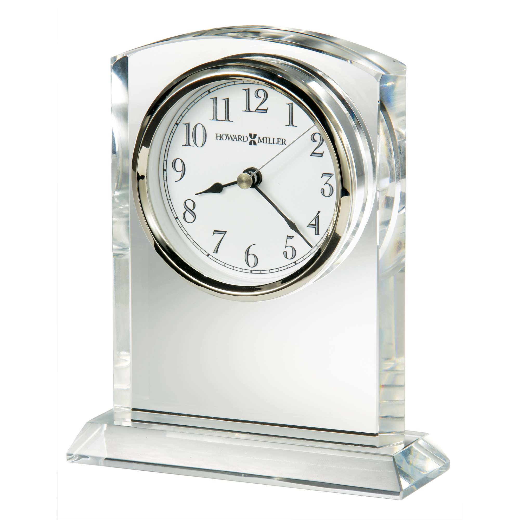 Elegant crystal desk clock with silver accents and a white face.