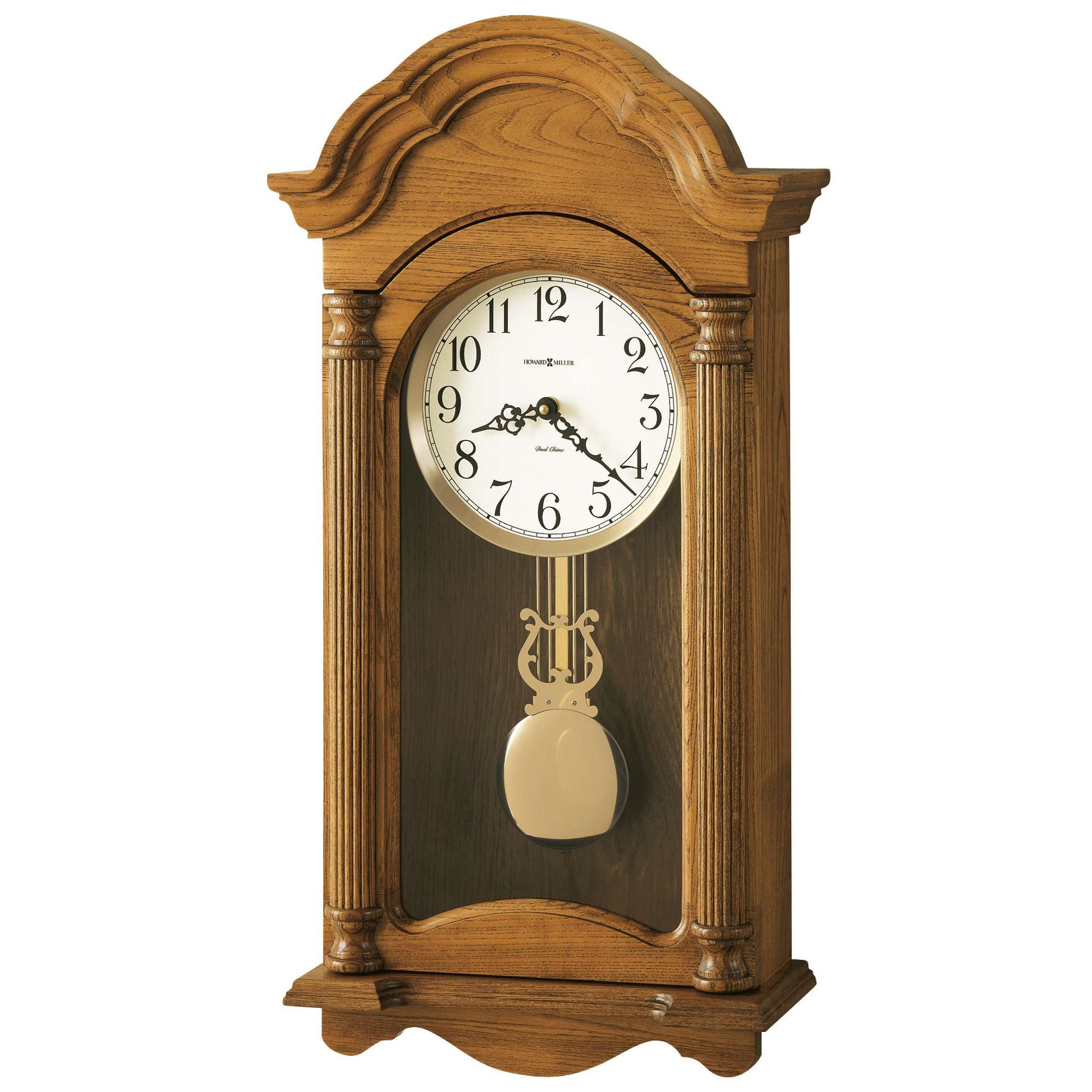 A vintage-style wall clock with a wooden frame and pendulum.