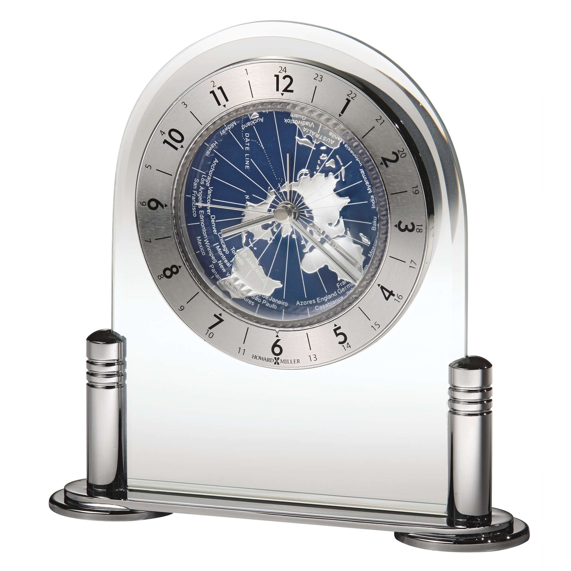A stylish desk clock with a globe design on a reflective base.