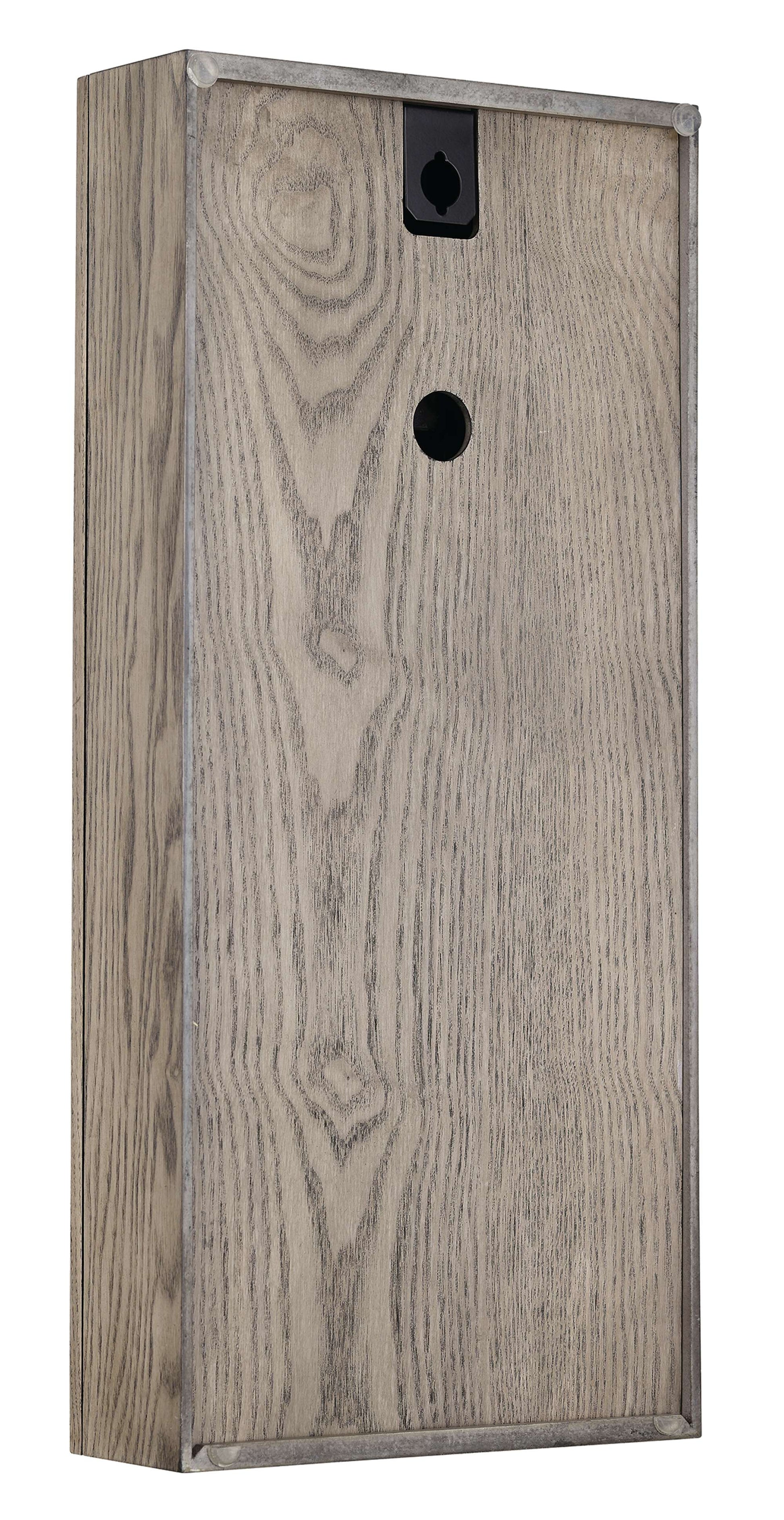 A vertical wooden box with a textured light wood finish and a small hole on the front.