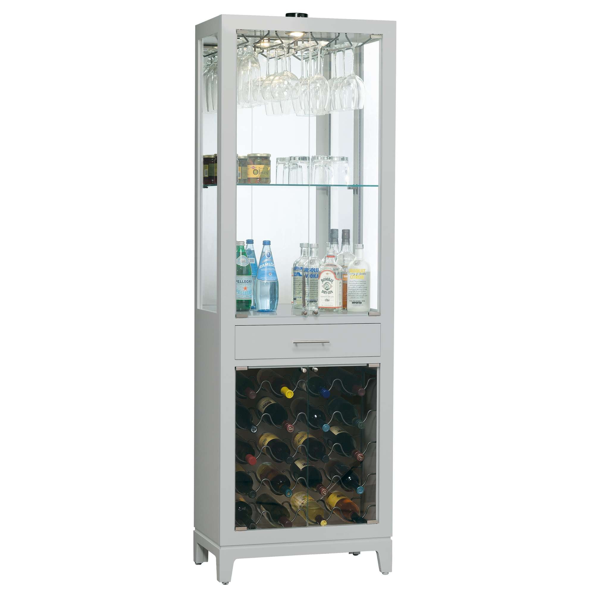 Tall beverage cabinet with glass shelves, hanging wine glasses, and a wine storage compartment.