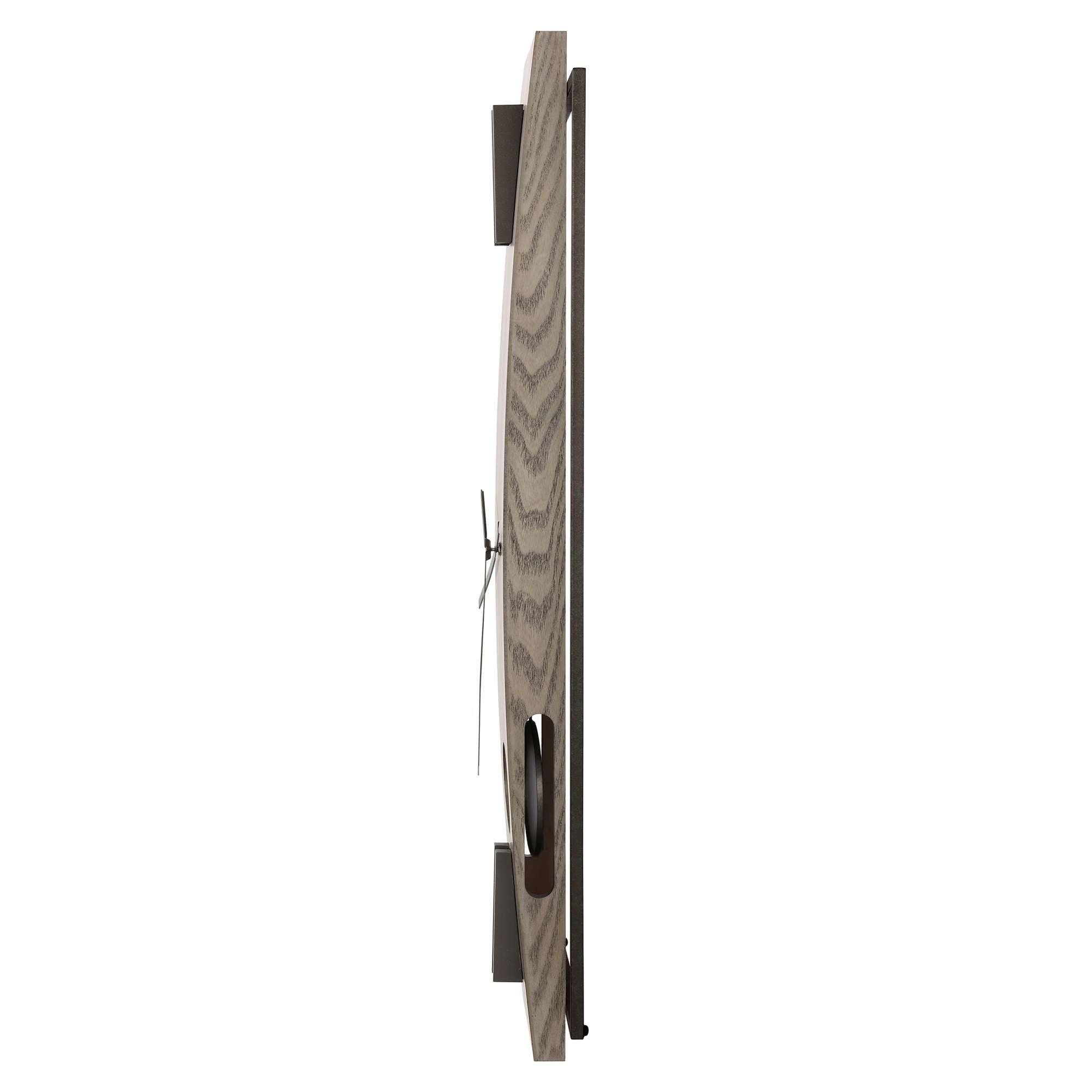 Side view of a modern wall clock with a wooden finish
