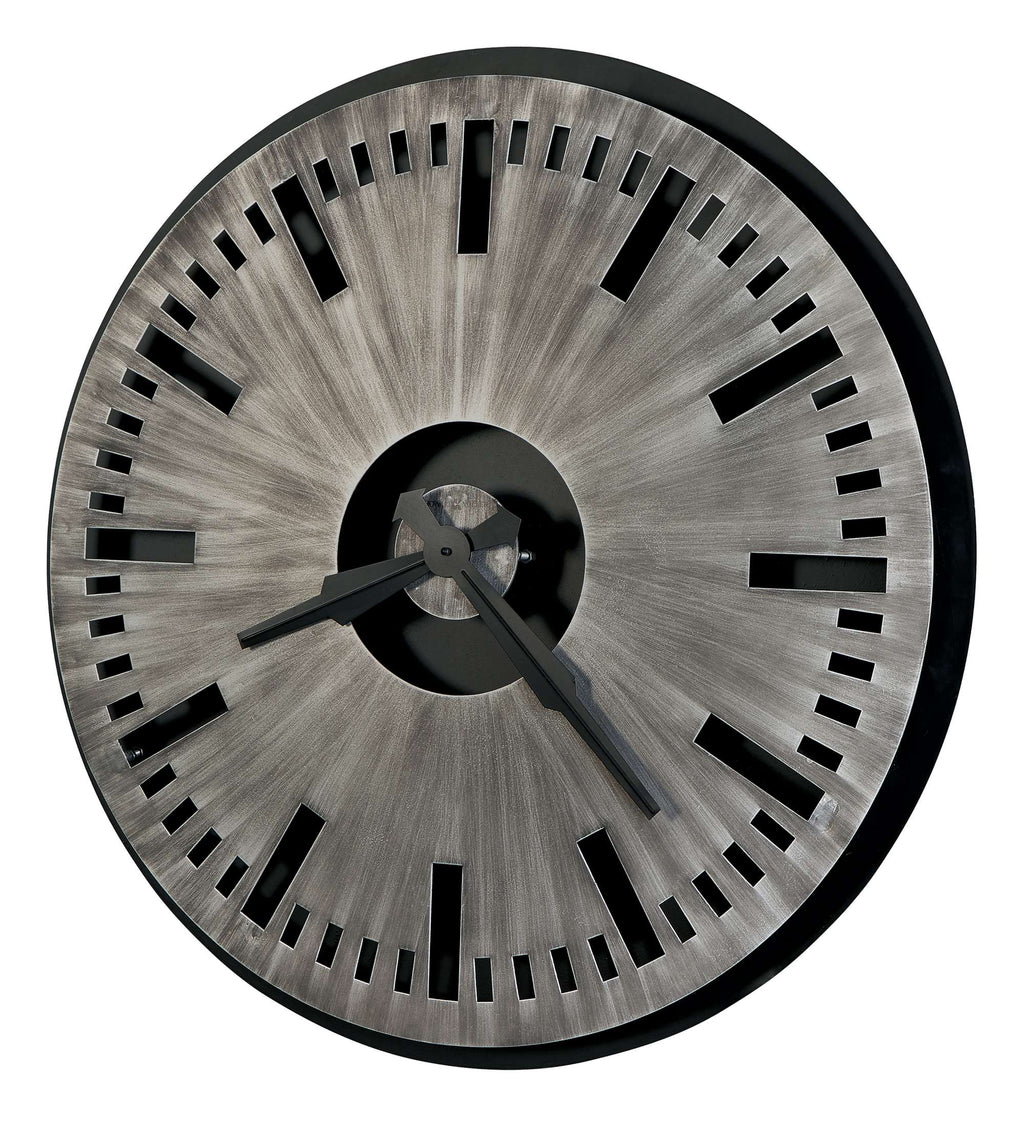 Modern wall clock with a brushed metal finish and black accents.