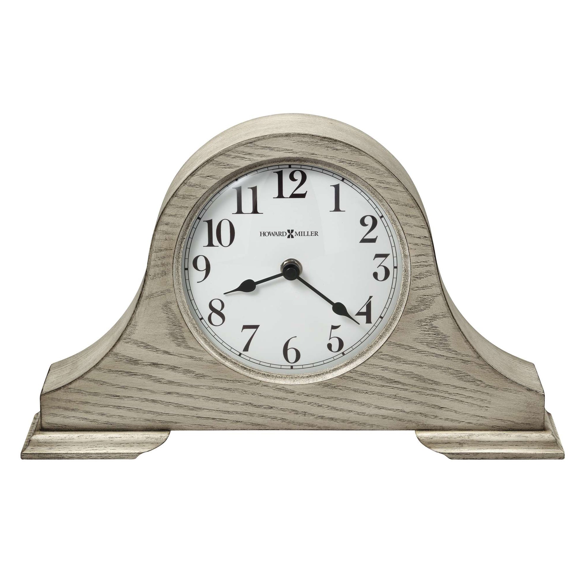 Classic wooden mantel clock with a white face and black numbers