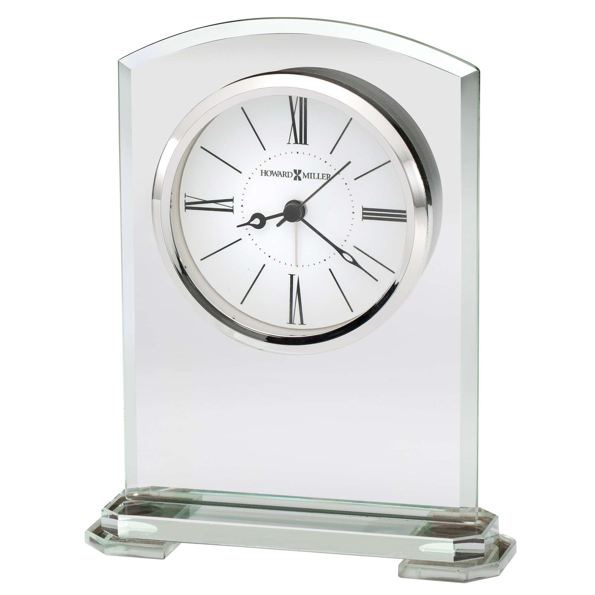 A decorative glass clock with Roman numerals and a sleek design.