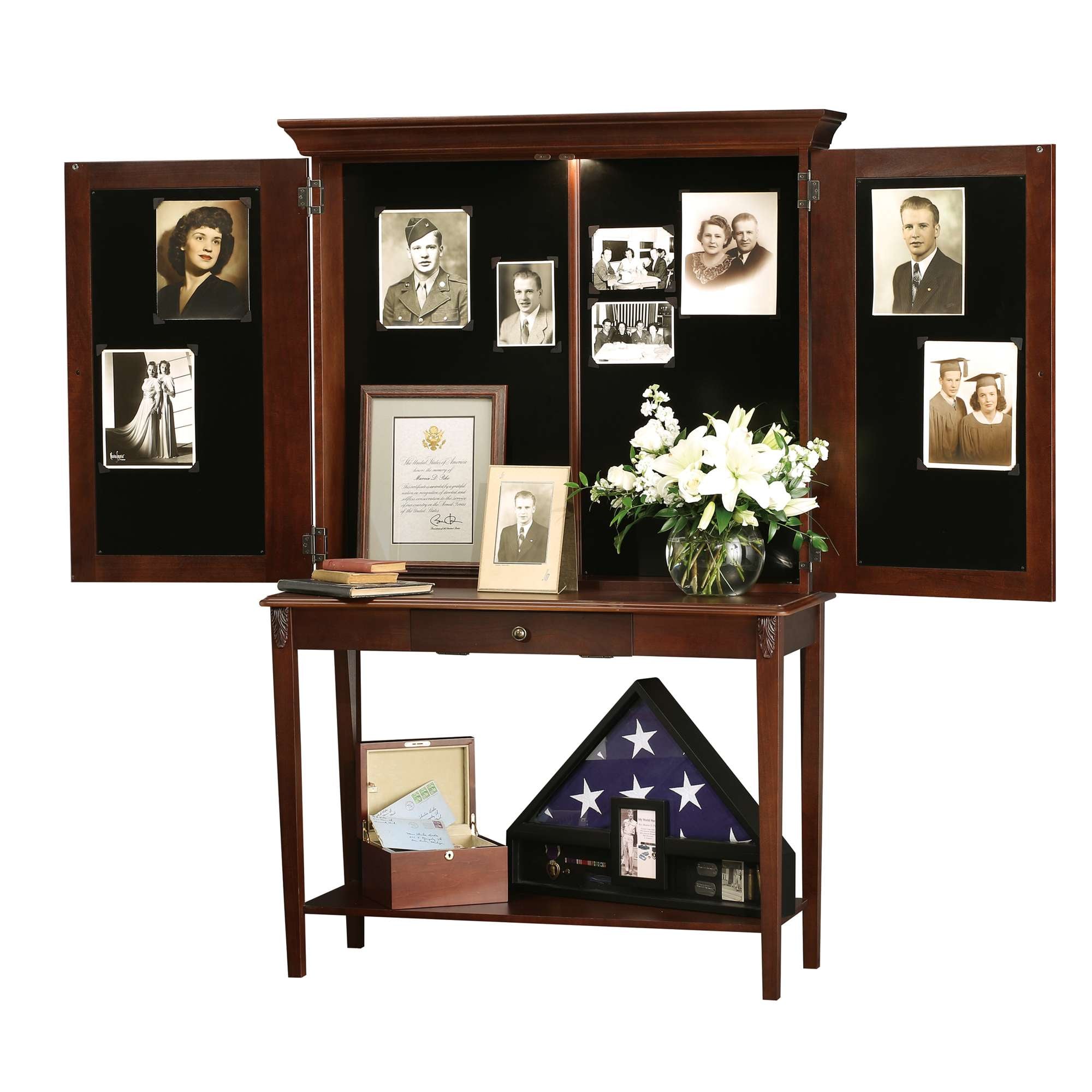Wooden display cabinet with photos and a flag display, showcasing memorabilia.