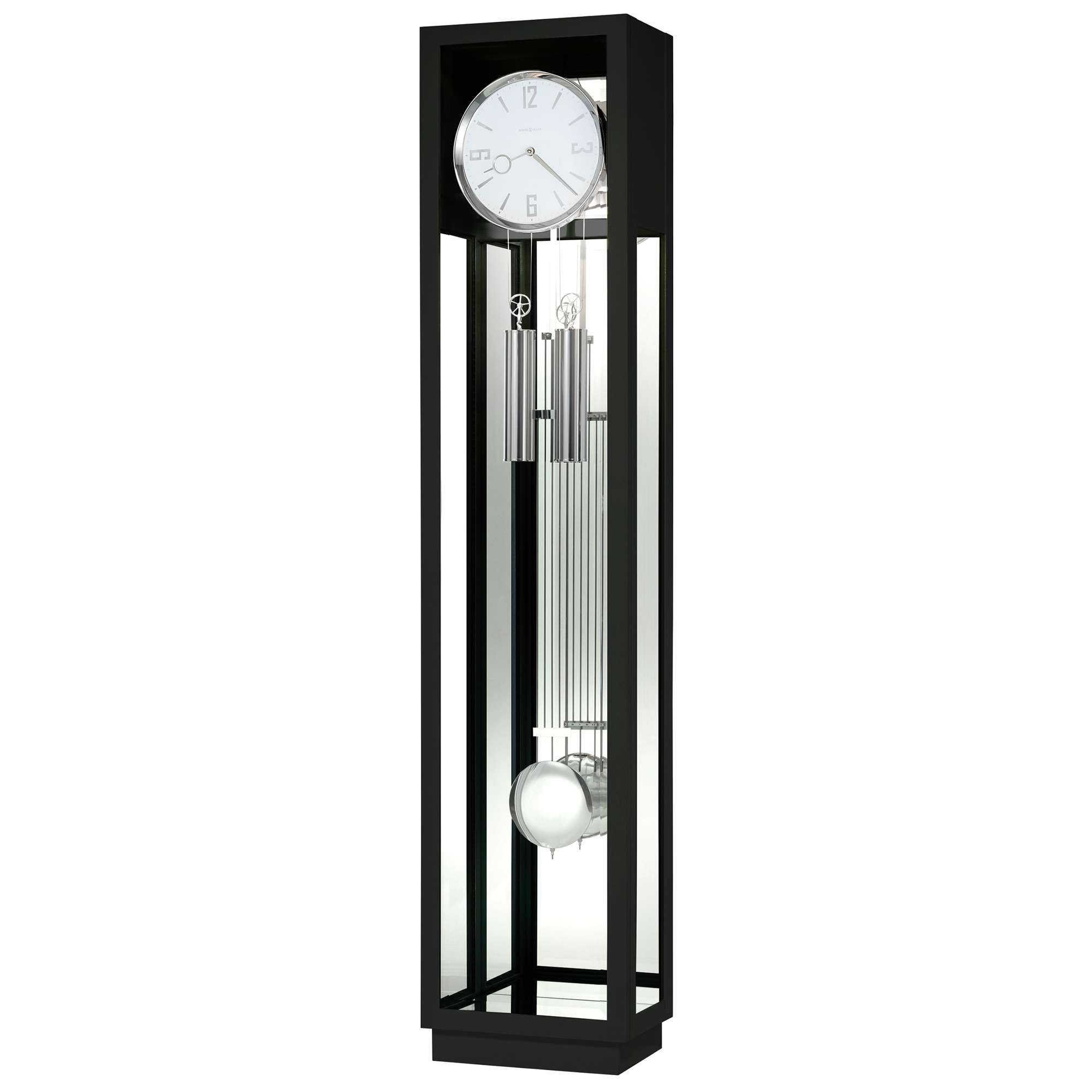 A modern standing clock with a black frame and pendulum.