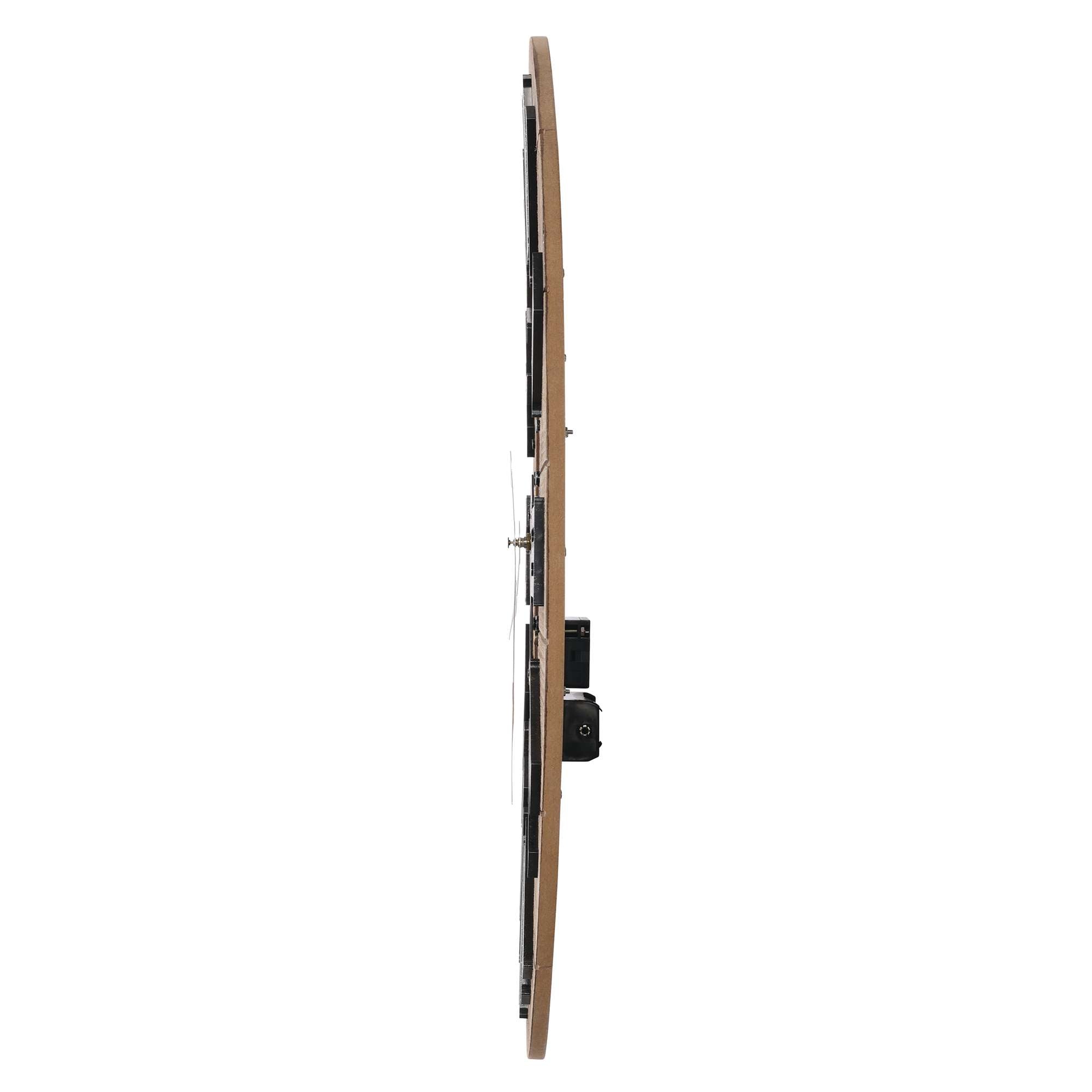 Side view of a round wall clock with a wooden frame.