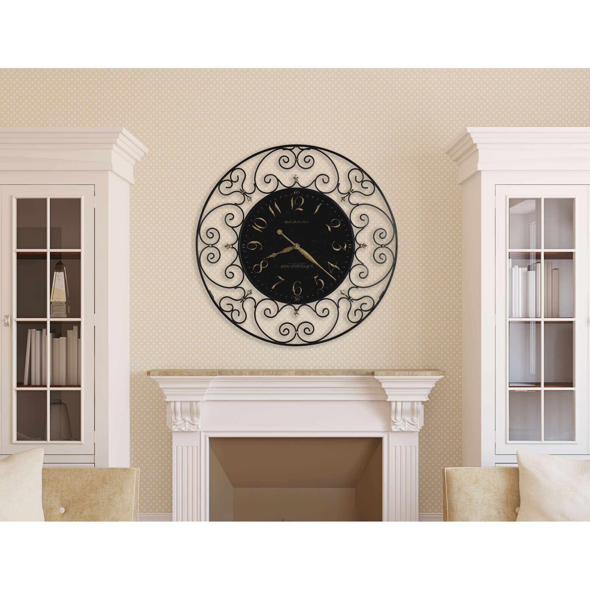 Wall clock with decorative design above a fireplace in a living room.