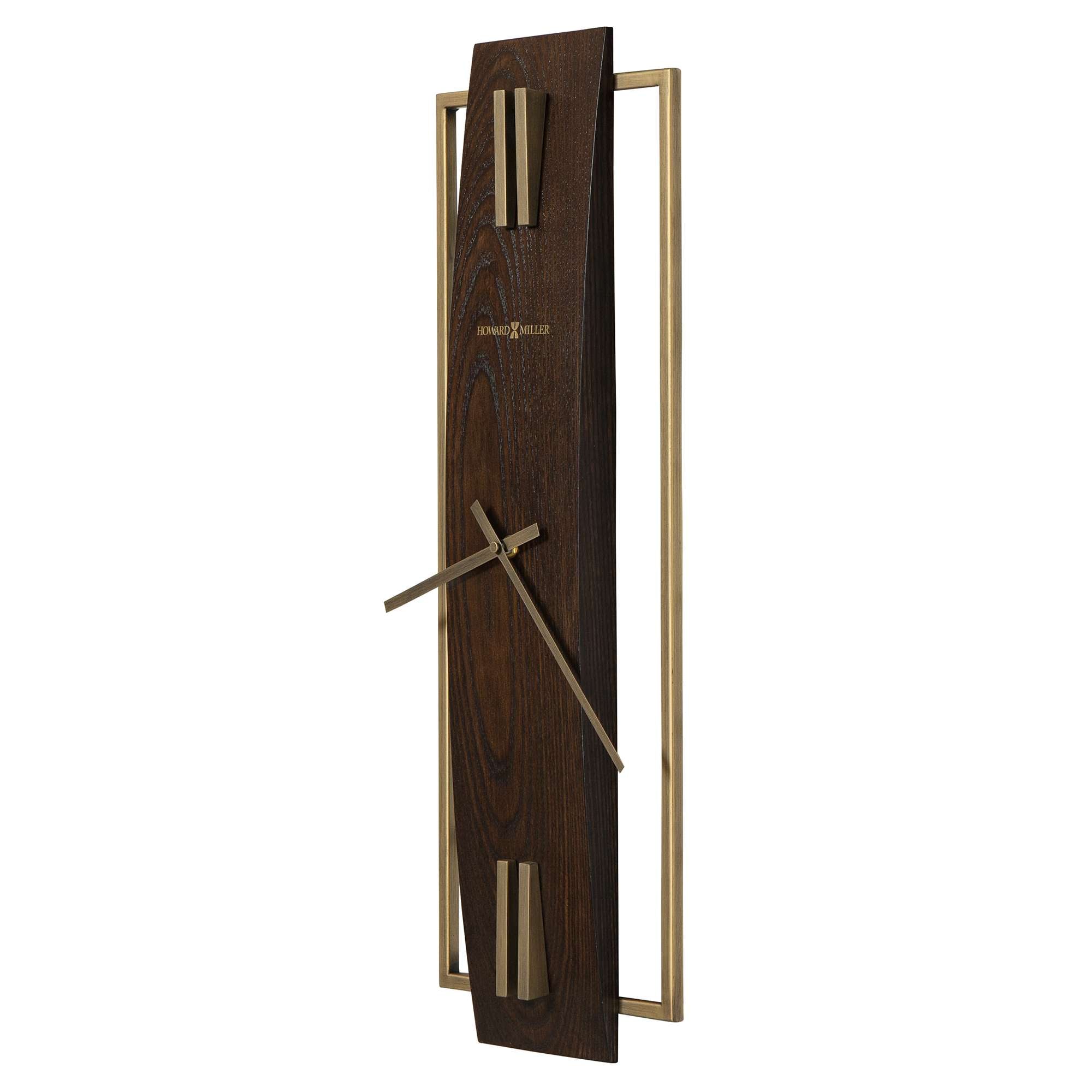 Modern wall clock with a wooden design and brass accents.